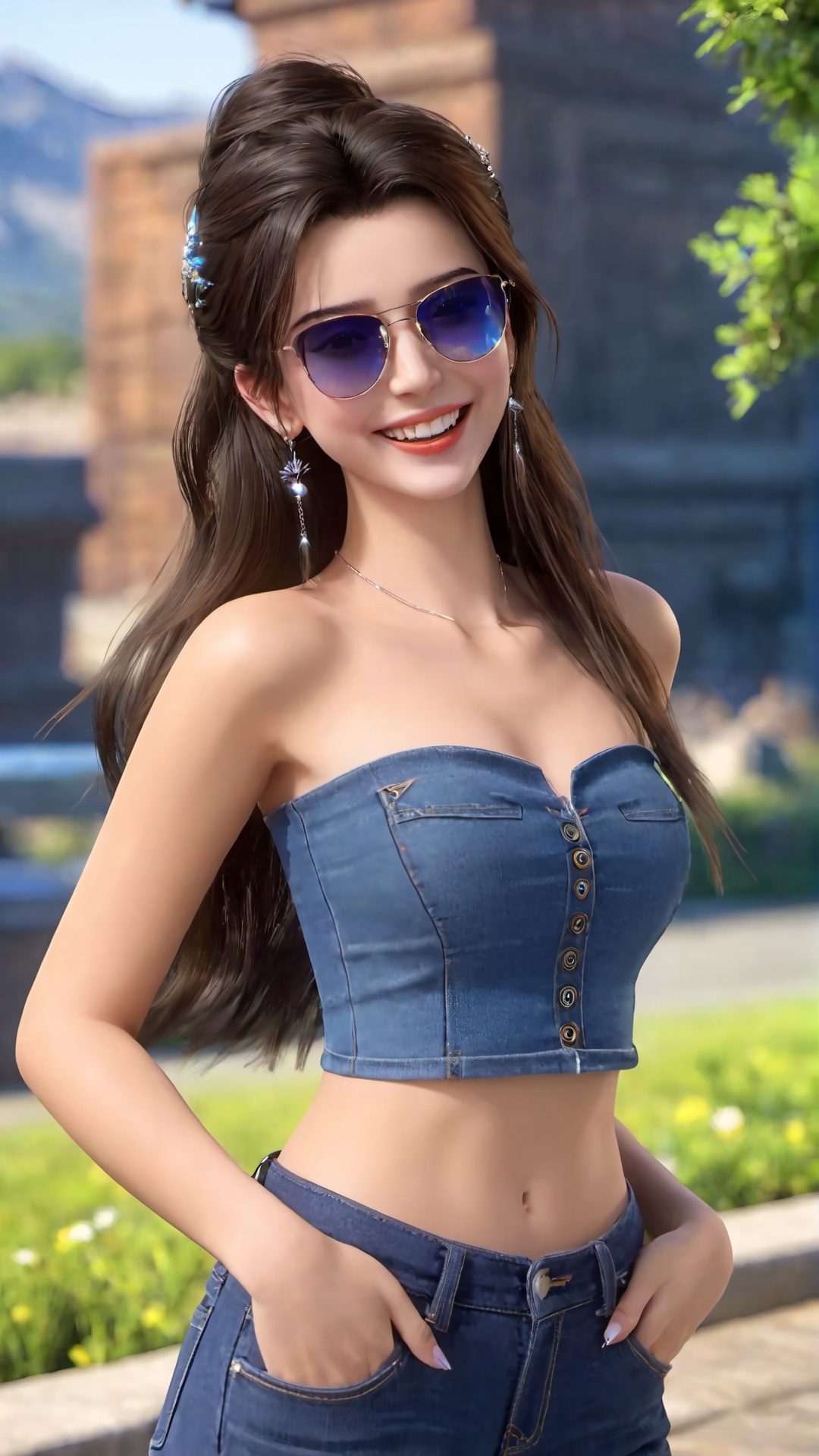1girl,jewelry,solo,sunglasses,blurry background,ring,smile,long hair,earrings,outdoors,blurry,grin,strapless,pants,brown hair,teeth,bare shoulders,realistic,day,forehead,photo background,denim,lips,tube top,clothes writing,midriff,facing viewer,collarbone,navel,shirt,<lora:仙逆-王林-马良-李慕婉合一:0.83>,photo_(medium),