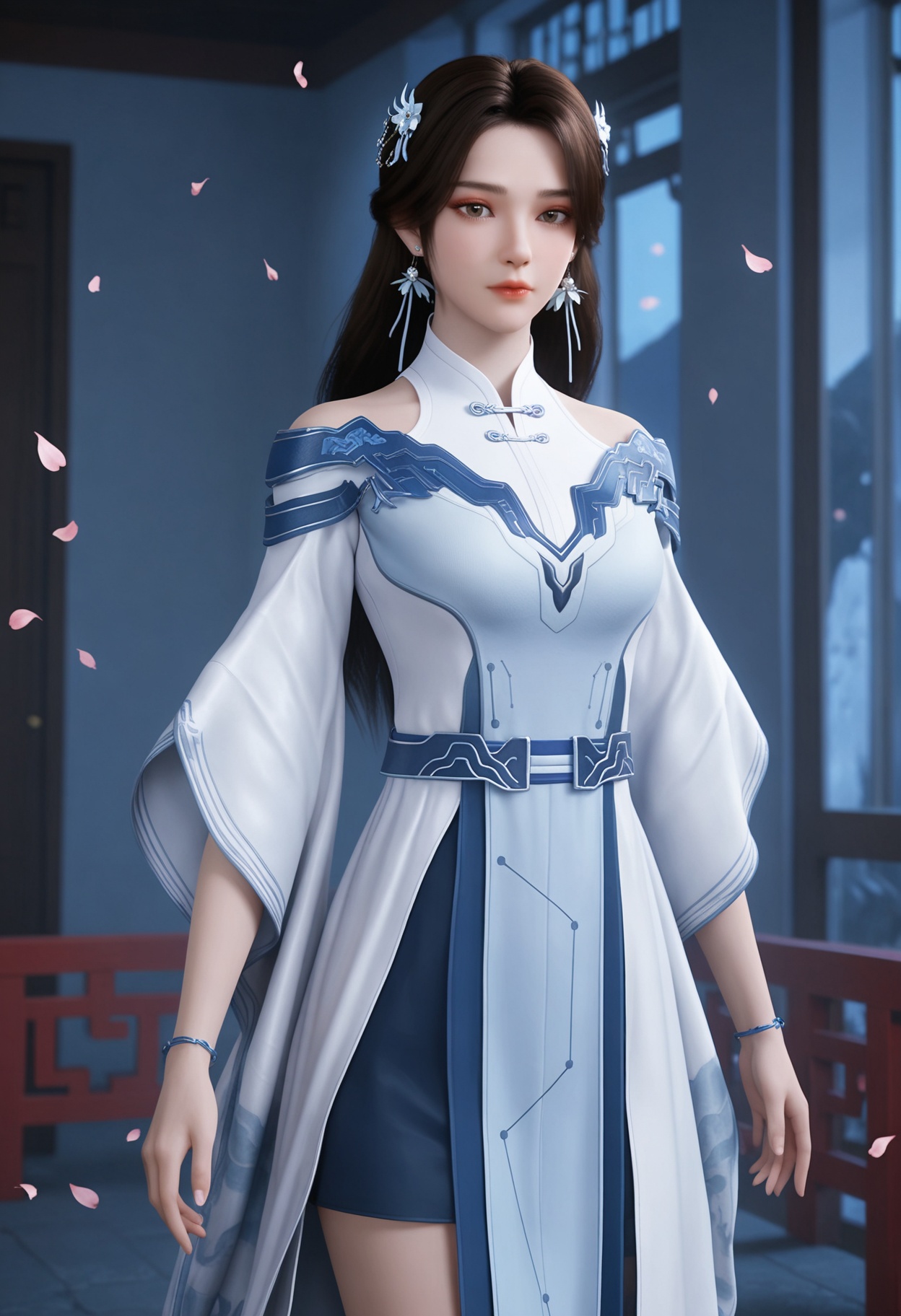 (cowboy shot:1.2),(looking at viewer:1.1),masterpiece,(best quality),smog,Dark room,dim lighting,peach blossom,falling petals,<lora:YQ_Illustrious光辉v5_李小曼_V1:0.8>,q1528437228,1girl,solo,jewelry,dress,long hair,hair ornament,earrings,white dress,black hair,bracelet,brown hair,chinese clothes,white footwear,long sleeves,brown eyes,boots,blue eyes,wide sleeves,blue dress,grey footwear,hair flower,shoes,