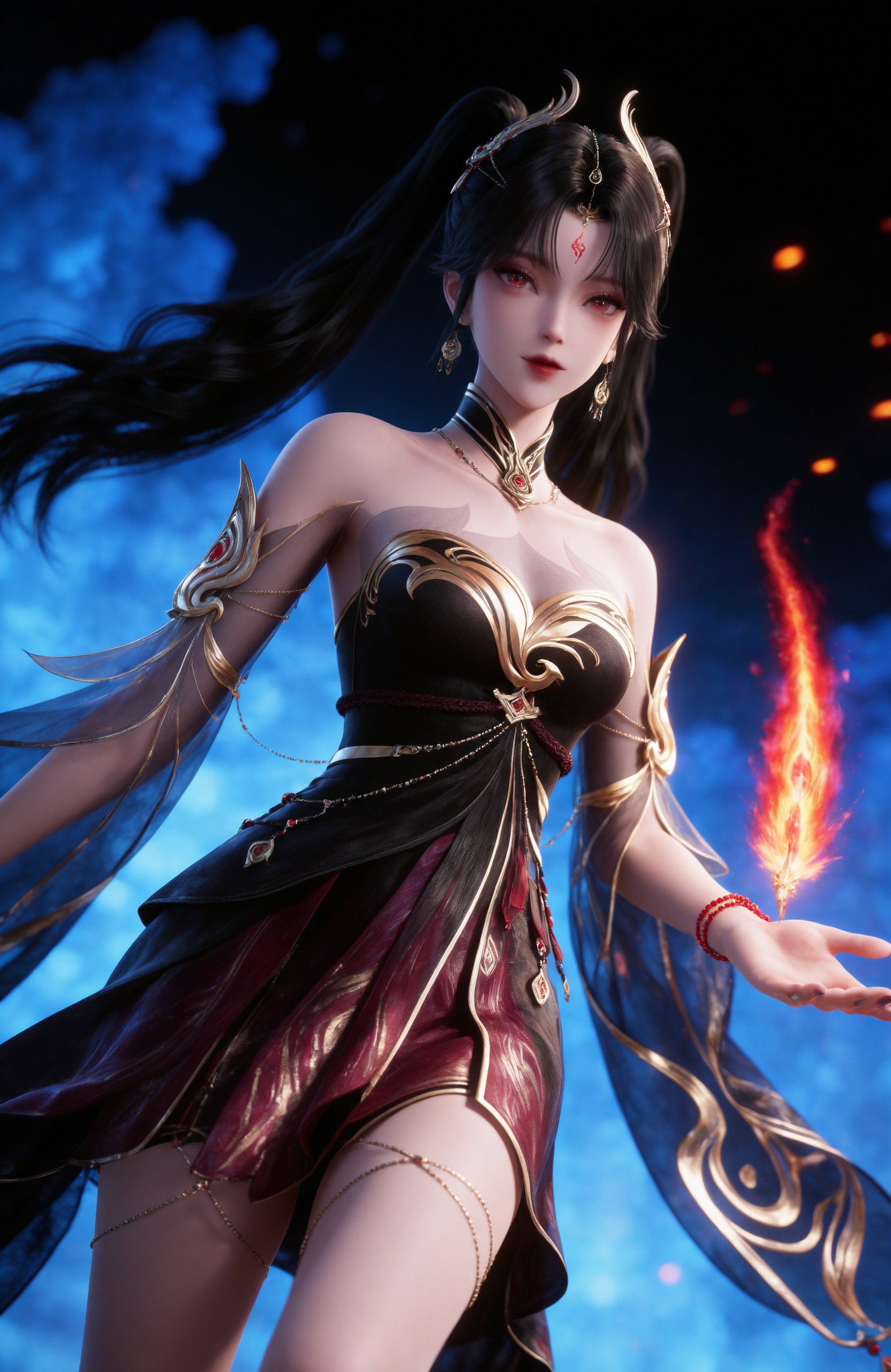 <lora:修罗武神-蛋蛋IL:0.8> 1girl, black hair, long hair, hair ornament, forehead mark, earrings, red eyes, twintails, bare shoulders, black dress, detached sleeves, bracelet,bare legs, barefoot,, solo,upper body,looking at viewer,gradient background,gradient,blue background,black background,, realistic style photo,outstanding style,Use soft lighting to cast gentle shadows on the subject,adding a touch of dimension to your images without compromising details,whirls of vapor,(Anime:1.1),soft neon light,ethereal ambiance,delicate details,magical atmosphere,concept art,highly detailed,ultra-high resolution,32K UHD,sharp focus,best-quality,masterpiece,golden hour,unconventional supreme masterpiece,masterful details,temperate atmosphere,with a high-end texture,in the style of fashion photography,magazine style,Dynamic Angle,Dynamic posture,magazine style,Dynamic Angle,Dynamic posture,(cowboy_shot:1.2),eye trail,depth of field,cinematic lighting,lens flare,close-up,extreme aesthetic,(wlop:0.6),(honjou raita,lack,rella,wanke:0.5),masterpiece,best quality,good quality,newest,year 2025,very aesthetic,absurdres,Visual impact,A shot with tension,ultra-high resolution,32K UHD,sharp focus,best-quality,masterpiece,Emotionalization,unconventional supreme masterpiece,masterful details,temperate atmosphere,with a high-end texture,in the style of fashion photography,(Visual impact:1.2),giving the poster a dynamic and visually striking appearance,