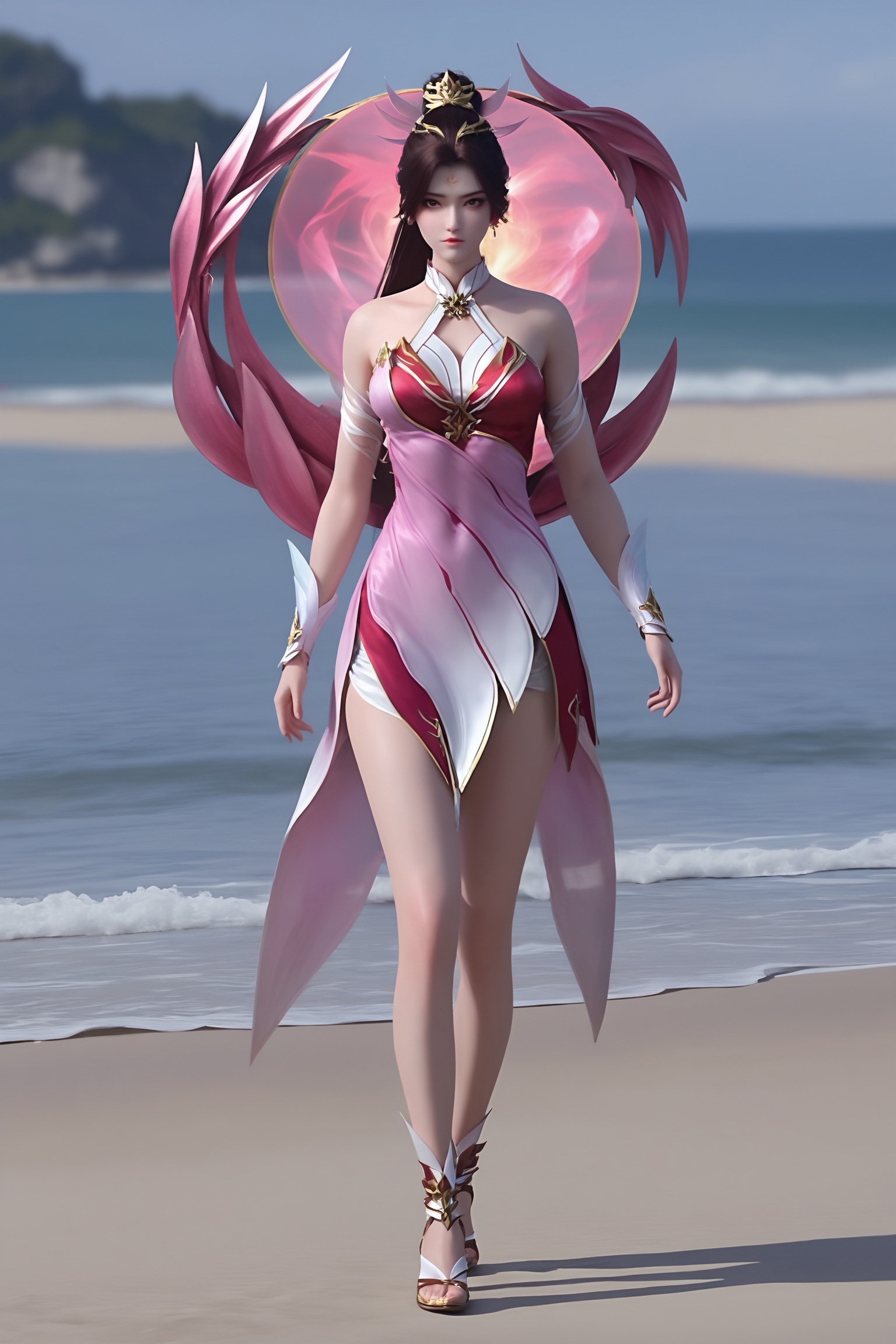 realistic style photo outstanding style,tall,cute,in her teens. Use soft lighting to cast gentle shadows on the subject,adding a touch of dimension to your images without compromising details,score_9,score_8_up,score_7_up,Seaside,beach,waves,full body,<lora:斗破苍穹-花宗-花锦:0.7>,long,black hair,high ponytail,golden crown,white dress that transitions into a deep pink color towards the bottom.high slit,golden,high collar,off shoulder,pointed shoulder pads.,