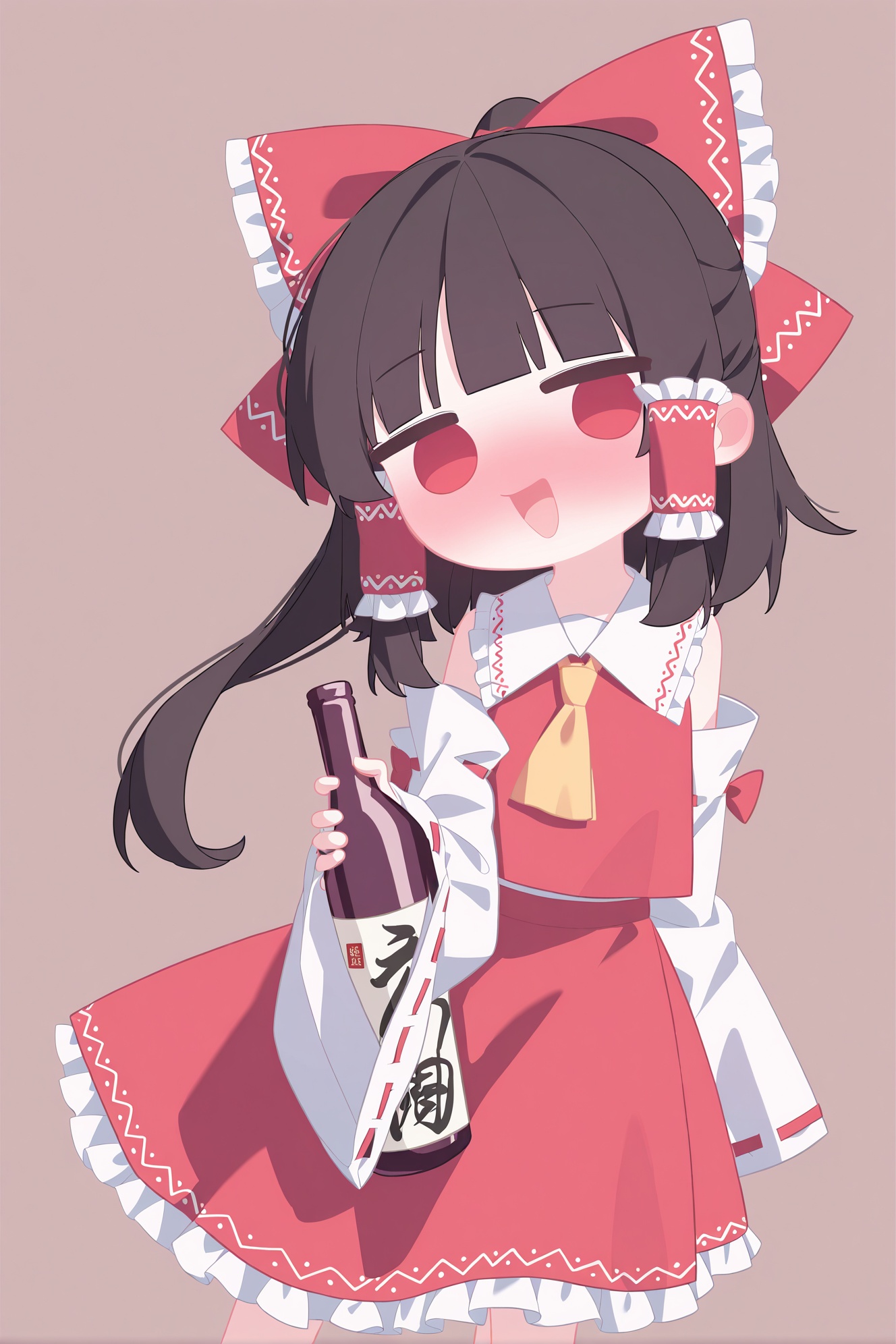 ƎWꓤOꓞWI,no pupils,1girl,hakurei reimu,bow,hair tubes,red skirt,red bow,solo,hair bow,detached sleeves,drunk,skirt,ribbon-trimmed sleeves,ribbon trim,open mouth,simple background,red eyes,frills,ascot,black hair,blush,yellow ascot,holding,grey background,smile,wide sleeves,shirt,bare shoulders,bottle,looking at viewer,ponytail,sidelocks,white sleeves,blunt bangs,frilled bow,sarashi,nontraditional miko,red shirt,japanese clothes,skirt set,frilled skirt,brown background,sleeveless,holding bottle,(masterpiece,best quality,highres,absurdres,best quality,amazing quality,very aesthetic,absurdres),