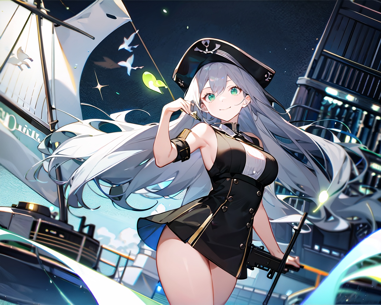 masterpiece,best quality),(detail face,perfect face),(cowboy_shot:1.3),Dynamic angle,1girl,pirate,glowing_eye,pirate_hat,silver hair,leather,dress,military_uniform,posing,smile,very_long_hair,),hair_spread_out,holding_gun,outdoors,ship deck,mast,sail,ocean,(night:1.1),(complex background:1.1),(green ghost fly),bright,green light,glowing,illuminatio,particle effects,Balance and coordination between all things,black_green theme,