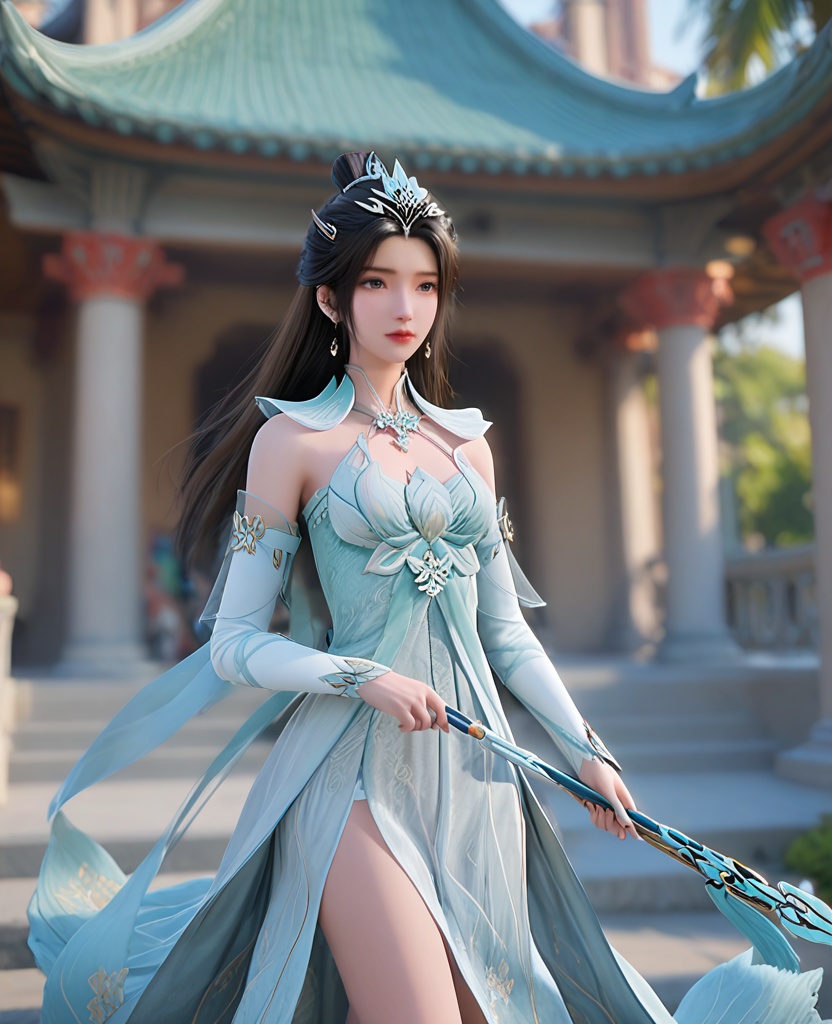 (oriental architecture, elegant decor, sophisticated style:1.1),(holding weapon:1.1),(breasts:1.2),<lora:XL遮天颜如玉:0.95>,1girl,long hair,black hair,black eyes,earrings,hair_ornament,headpiece,breast,medium breast,bare shoulders,dress,white_dress,bare_legs,, score_9,score_8_up,score_7_up,score_6_up,score_5_up,score_4_up,3d rendering,tag1,tag2, Cinematic Lighting,backlighting,