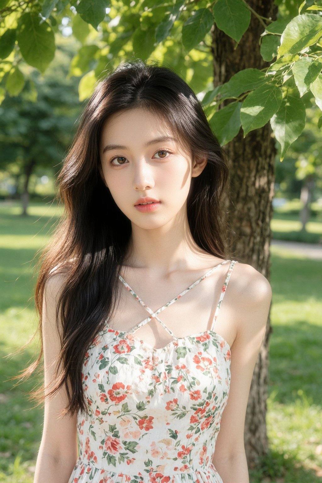This is a high-resolution photograph featuring an East Asian woman with a fair complexion and long, wavy dark brown hair that cascades over her shoulders. She has a delicate, heart-shaped face with prominent cheekbones and a small, straight nose. Her eyes are almond-shaped and a striking shade of brown, with a subtle hint of eyeliner and mascara enhancing their natural beauty. Her lips are slightly parted, revealing a natural pink hue.She is wearing a sleeveless white dress adorned with a floral pattern in shades of red, green, and pink, which complements her skin tone. The dress has thin straps that crisscross over her shoulders. The background features a lush, green park setting with a tall tree to her right. The tree has a textured, rough bark and is surrounded by large, glossy green leaves. The sunlight filters through the leaves, casting a dappled pattern of light and shadow on her face and the dress. The soft, warm lighting enhances the natural glow of her skin, giving the image a serene, almost dreamy quality. The overall mood of the photograph is tranquil and contemplative, capturing a moment of quiet reflection in a picturesque outdoor setting.