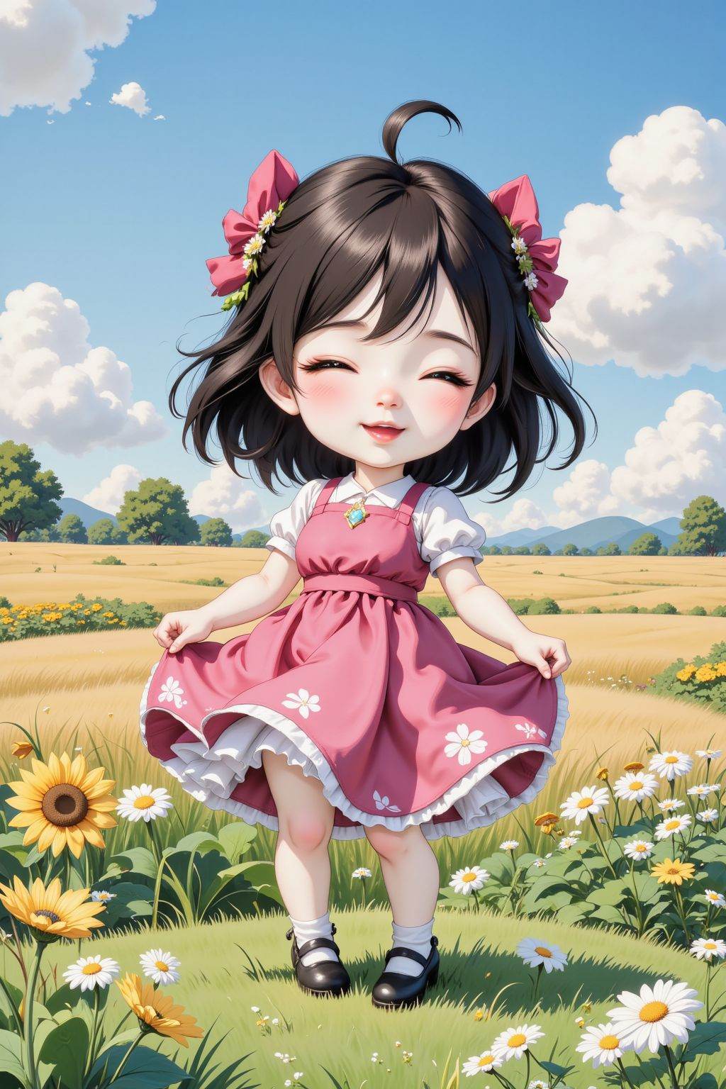 chibi, 1girl, black hair, dress, outdoors,