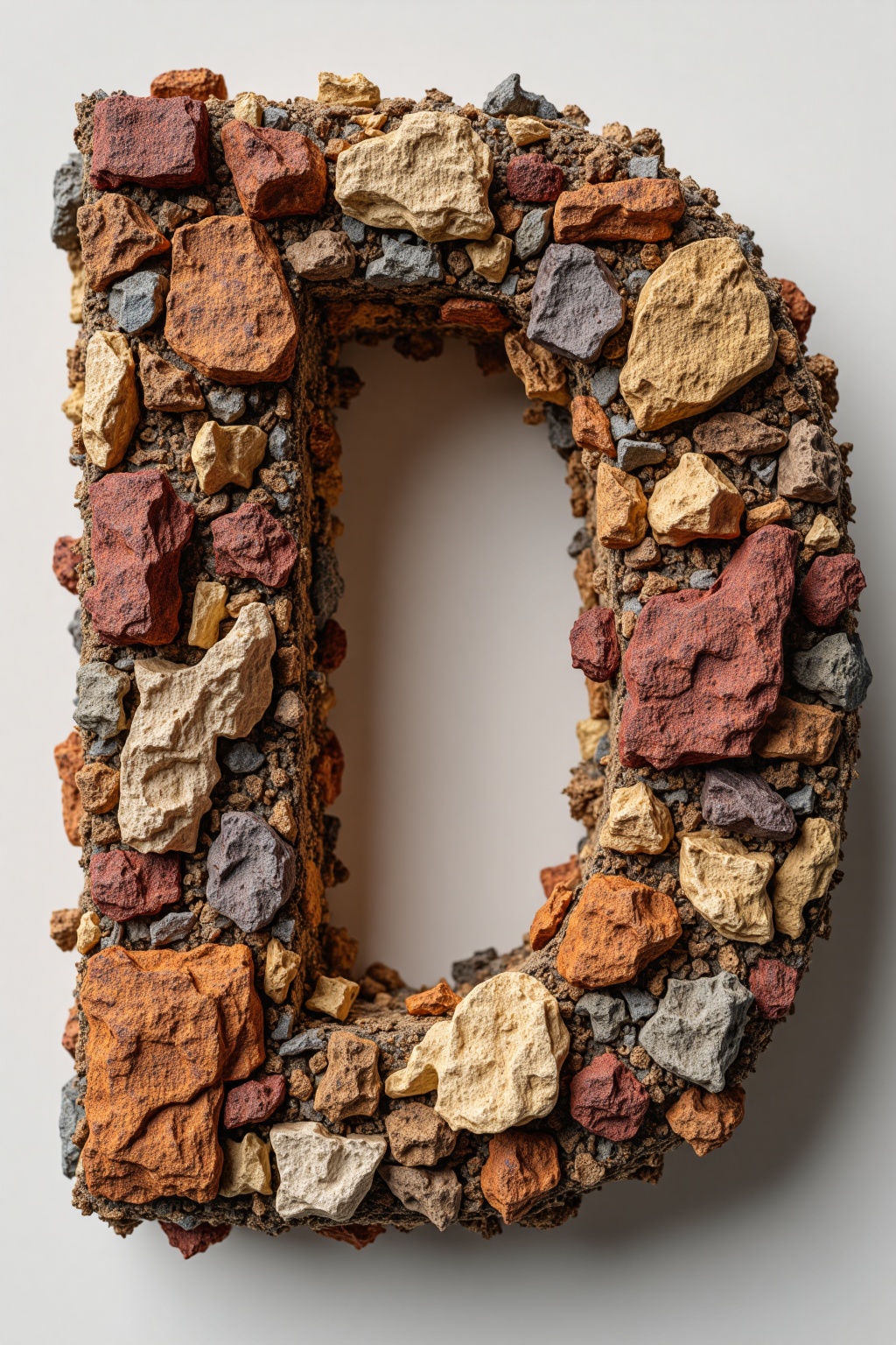 beijihui,The image shows a 3D model of the letter "D" **** to resemble a textured, earthy surface. The letter is composed of various brown and tan fragments that give it a rough, organic appearance. The background is a plain, neutral gray, which helps to highlight the detailed texture of the letter. The overall design is artistic and creative, blending the concept of a letter with natural elements.