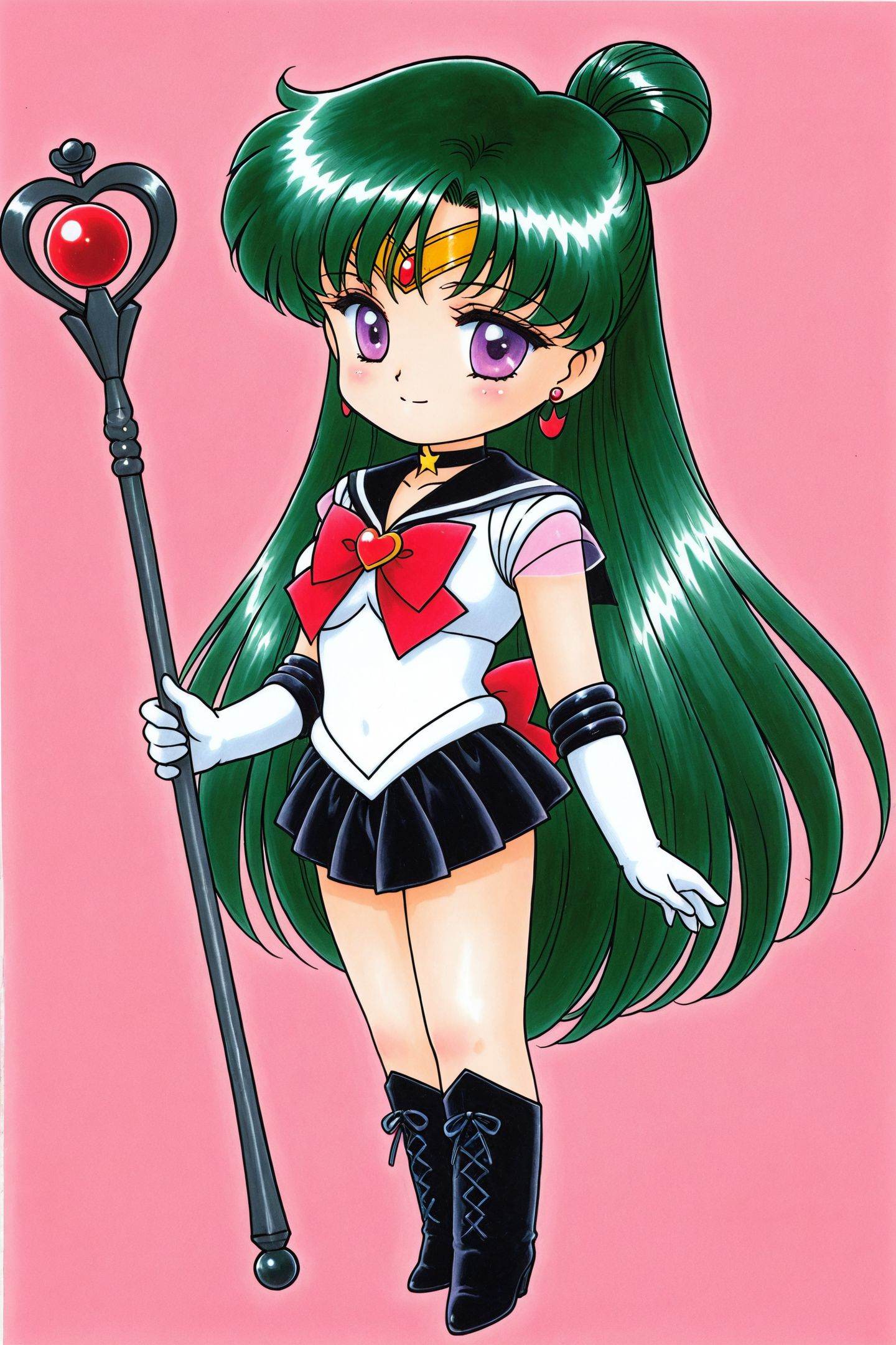 Juu Kuroinu Style,sailor pluto,Meiou Setsuna,1girl,solo,long hair,sailor senshi uniform,choker,gloves,green hair,magical girl,skirt,white gloves,black skirt,elbow gloves,earrings,black choker,pleated skirt,purple eyes,very long hair,staff,hair bun,bow,tiara,sailor collar,holding staff,smile,single hair bun,looking at viewer,traditional media,full body,boots,chibi,<lora:black dog chibi_illustriousXL:1>,