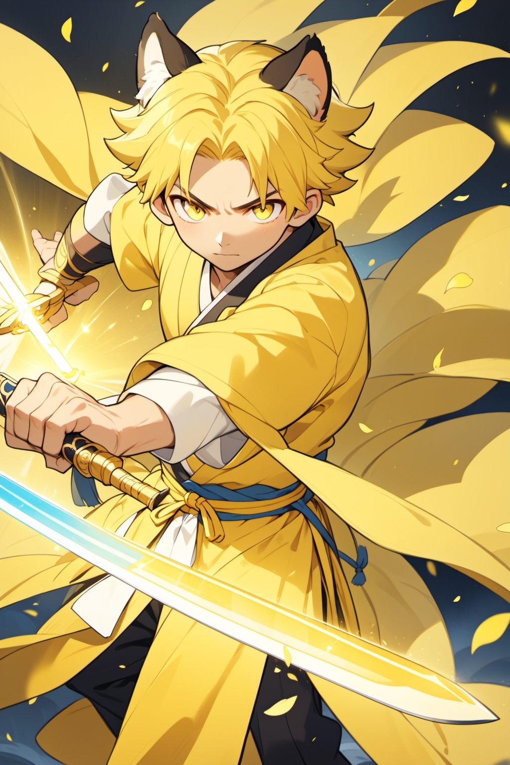 1boy,male focus,animal ears,yellow hair,energy sword,glint,glowing sword,Unsheathed sword,solo,yellow Hanfu,Grasp the hilt with your hand,Brave and spirited,sword-dance,holding sword,looking at viewer,petals,solo,standing,(masterpiece,best quality:1.2),