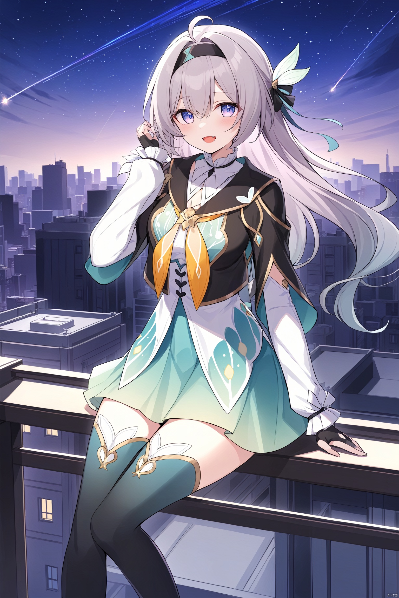 score_9,score_8_up,score_7_up,best quality,masterpiece,source_anime,\\\\\\\\\\\\nai3, 1girl, solo, ahoge, virtual youtuber, , flower, looking at viewer, sitting, open mouth, smile,bangs,between legs, :d, hand between legs, purple background, fang, feet out of frame,haoche\\\\\\\\\\\\\\The girl on the top of the building, the starry sky, the meteor crossed, the city skyline behind her was extremely beautiful, the breeze was blowing, the girl's heart was confused, her face was red, and she stroked her hair\\\\\\\\\\\\\Top view, panorama, fisheye lens,\\\\\\\\\\\\\\liuying,def clothe,1girl,black thighhighs,blue eyes,hairband,long hair,black hairband,fingerless gloves, skirt<lora:EMS-313202-EMS:0.700000>