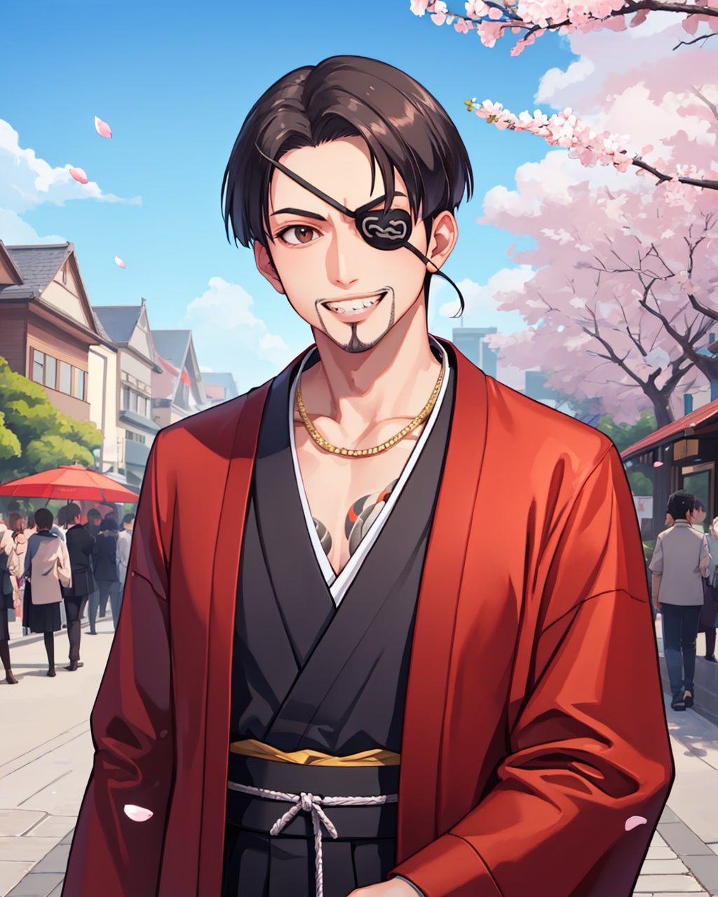 masterpiece,best quality, highly detailed, majima goro,1boy, male focus, eyepatch, tattoo, goatee, kimono, grin, looking at viewer, solo, teeth, building, day, necklace, outdoors, cherry blossoms, mustache, city,<lora:majima_goro:1>