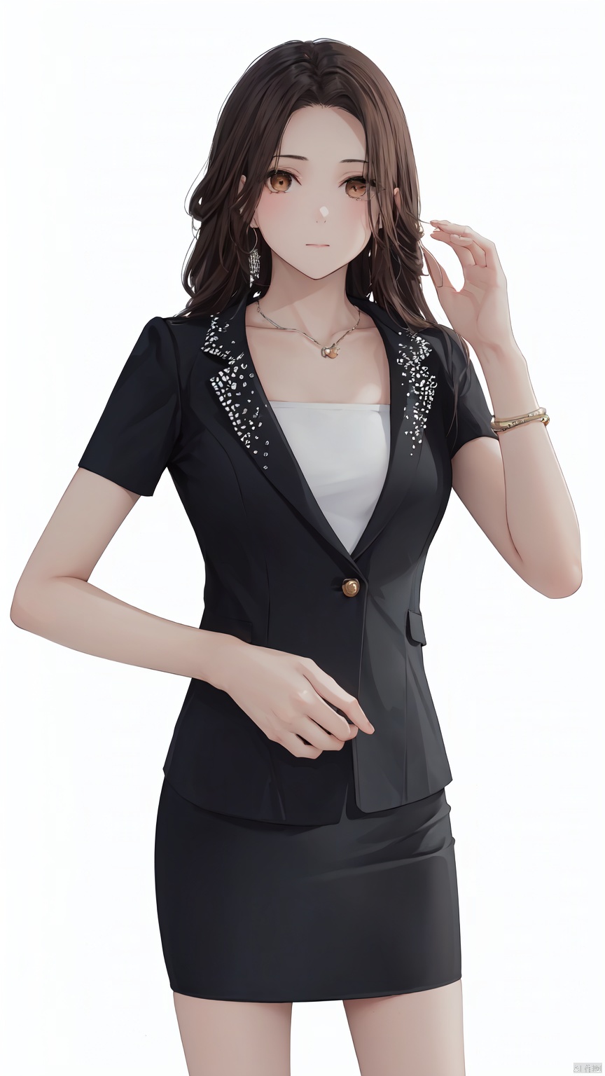 1girl, solo, long hair,Moderate breasts, looking at viewer, skirt, brown hair, shirt, white background, brown eyes,closed mouth, standing, collarbone, jacket, white shirt, short sleeves, earrings, black skirt, necklace, bracelet, black jacket, pencil skirt, Black suit, office lady,White Bra——Clear hand contour,Hand intact,Five fingers of the hand are clear, loli, ((poakl))