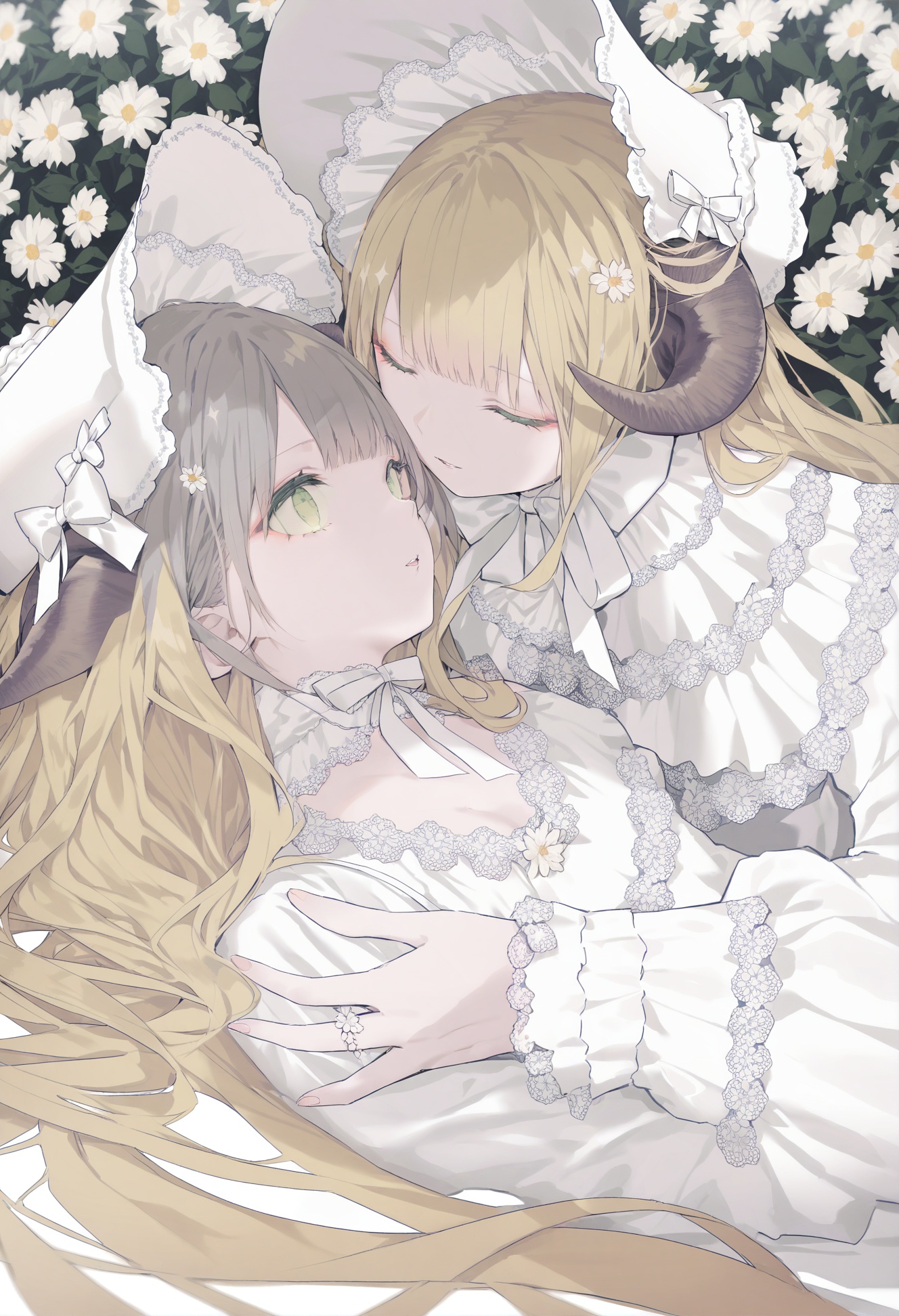 masterpiece, best quality, flower, multiple girls, 2girls, dress, closed eyes, blonde hair, white dress, white flower, horns, long hair, green eyes, white headwear, white background, bangs, grey hair, long sleeves, animal ears, yuri, simple background, lace, bonnet, parted lips, cage, hat, lying, looking at another, cat ears, on back  <lora:kotrou020XLlokr8f-000180:0.95>
