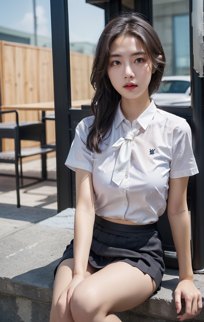 1girl,black pleated skirt,white shirt,necktie,outdoors, hands on wait, white legwear,<lora:腿:0.5,,,