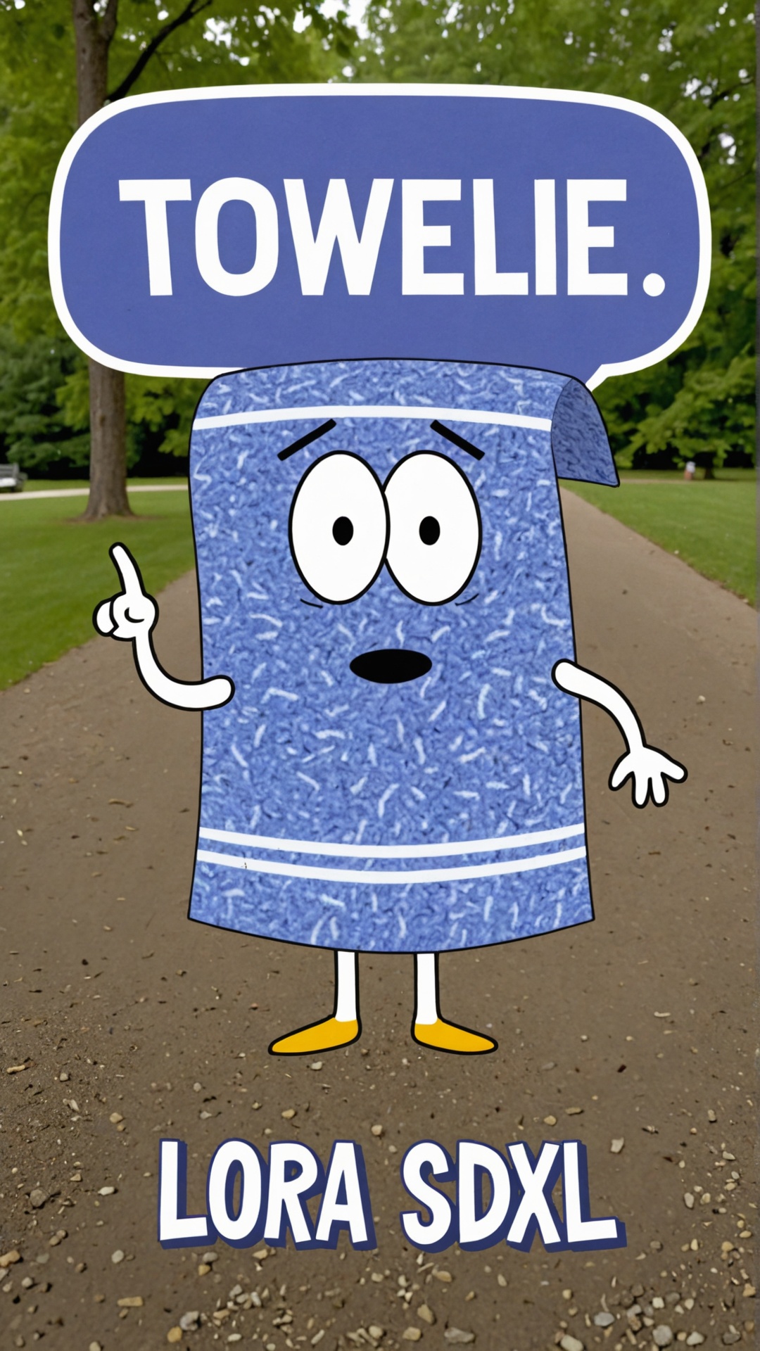 Photo of Towelie smoking weed at the park with a text bubble that says "Towelie SDXL LoRA" on Tensor.Art