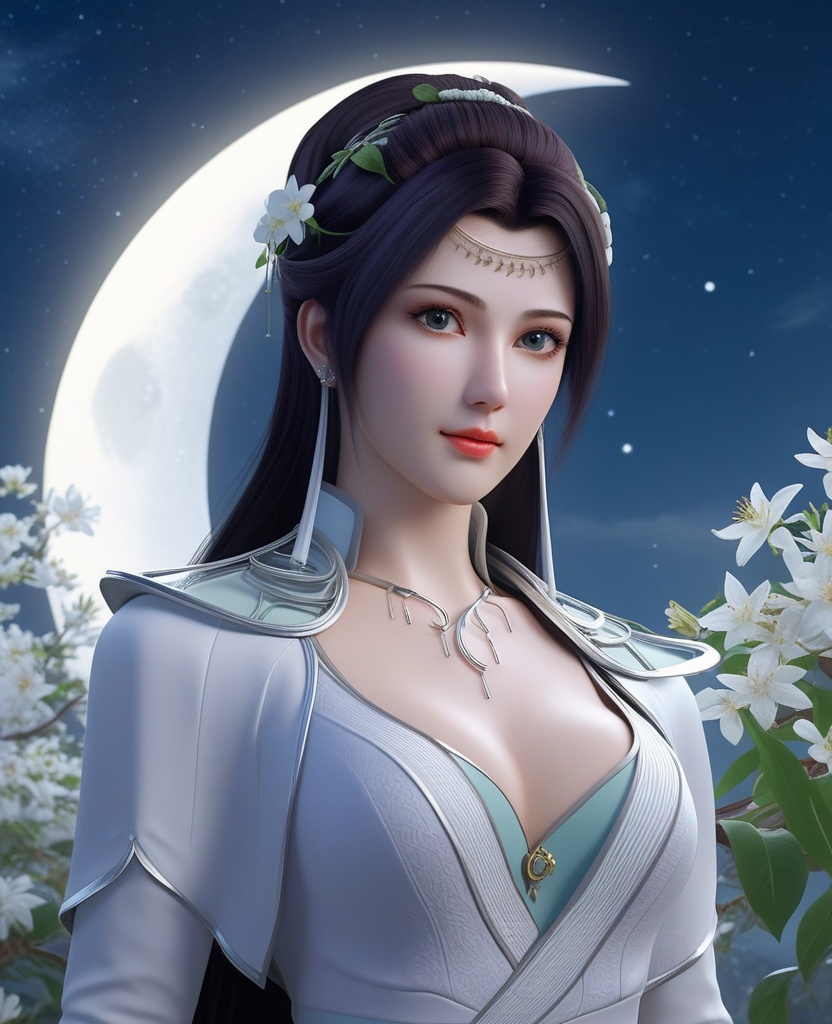 <lora:576-DA-XL-斗破苍穹-云韵-白服:0.8>(,1girl, ,best quality, ),looking at viewer,  ,,ultra detailed background,ultra detailed background,ultra realistic 8k cg, ,masterpiece, (( , )),, realistic,science fiction,mole, ultra realistic 8k cg, ,     ,crescent moon, jasmine \(flower\),     (cleavage), (),