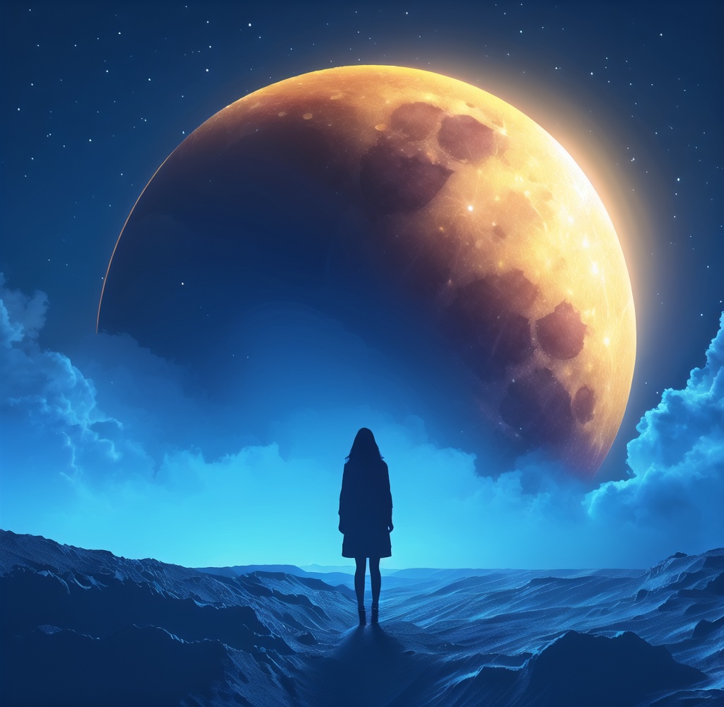 huanxiang,1girl,sky,moon,star \(sky\),solo,dynamic lines,in the style of futuristic spacescapes,a blue circle with a person in it,aerial photography,colorful gradients,night,starry sky,cloud,night sky,scenery,full moon,<lora:huanxiang:1>,