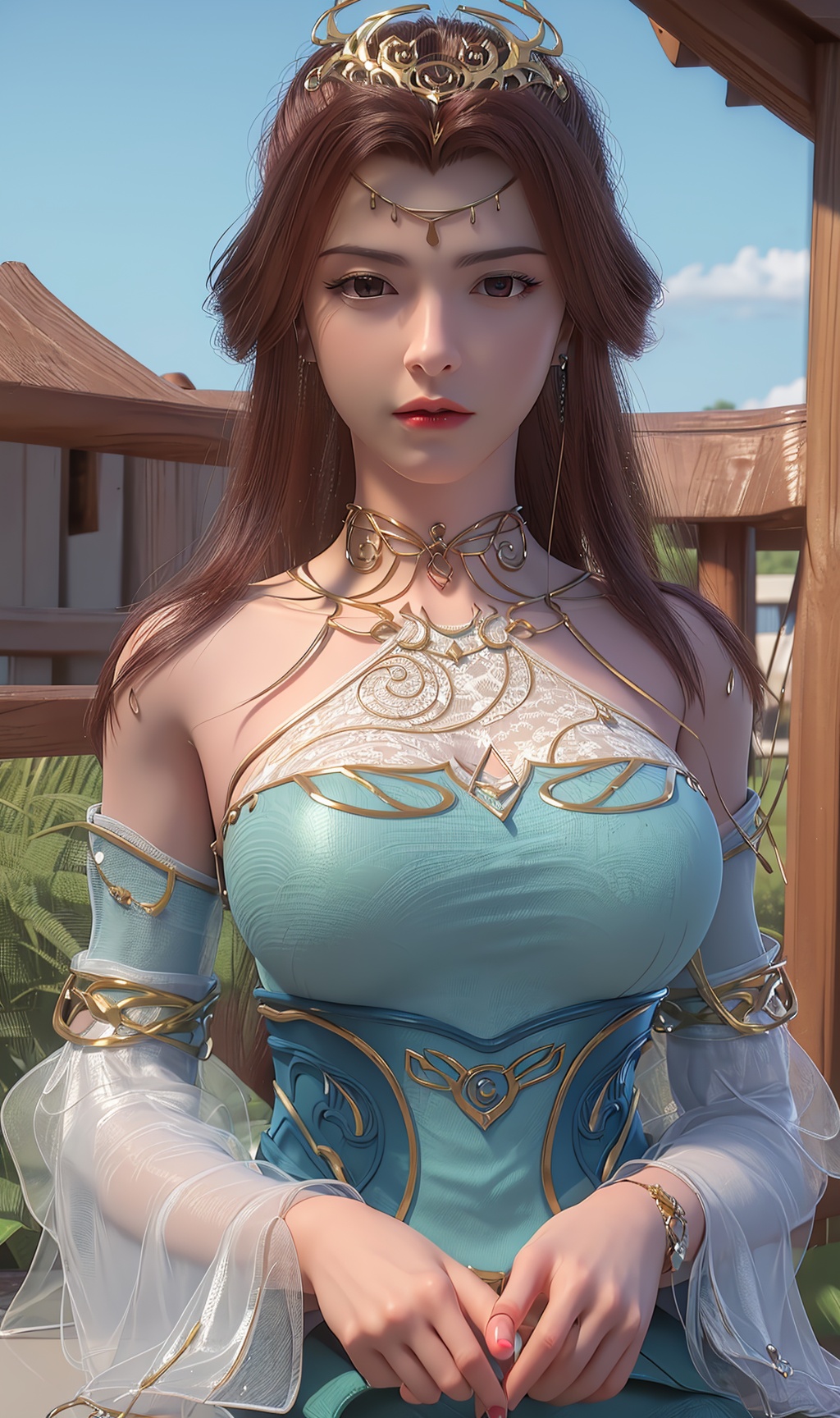 3D,masterpiece,(best quality),official art, extremely detailed cg 8k wallpaper,((crystalstexture skin)), (extremely delicate and beautiful),(highly detailed),(1girl), (solo), (jewelry), (breasts), (earrings), (brown_hair),(hair),(hair_ornament),(handwear),  (long_hair), (medium_breasts), ((NSFW,nude))(long_sleeves) ,((upper body)),(sunshine, outdoor,),((looking_at_viewer)),((Facing the camera)),, <lora:hipoly3DModelLora_v10:0.3>