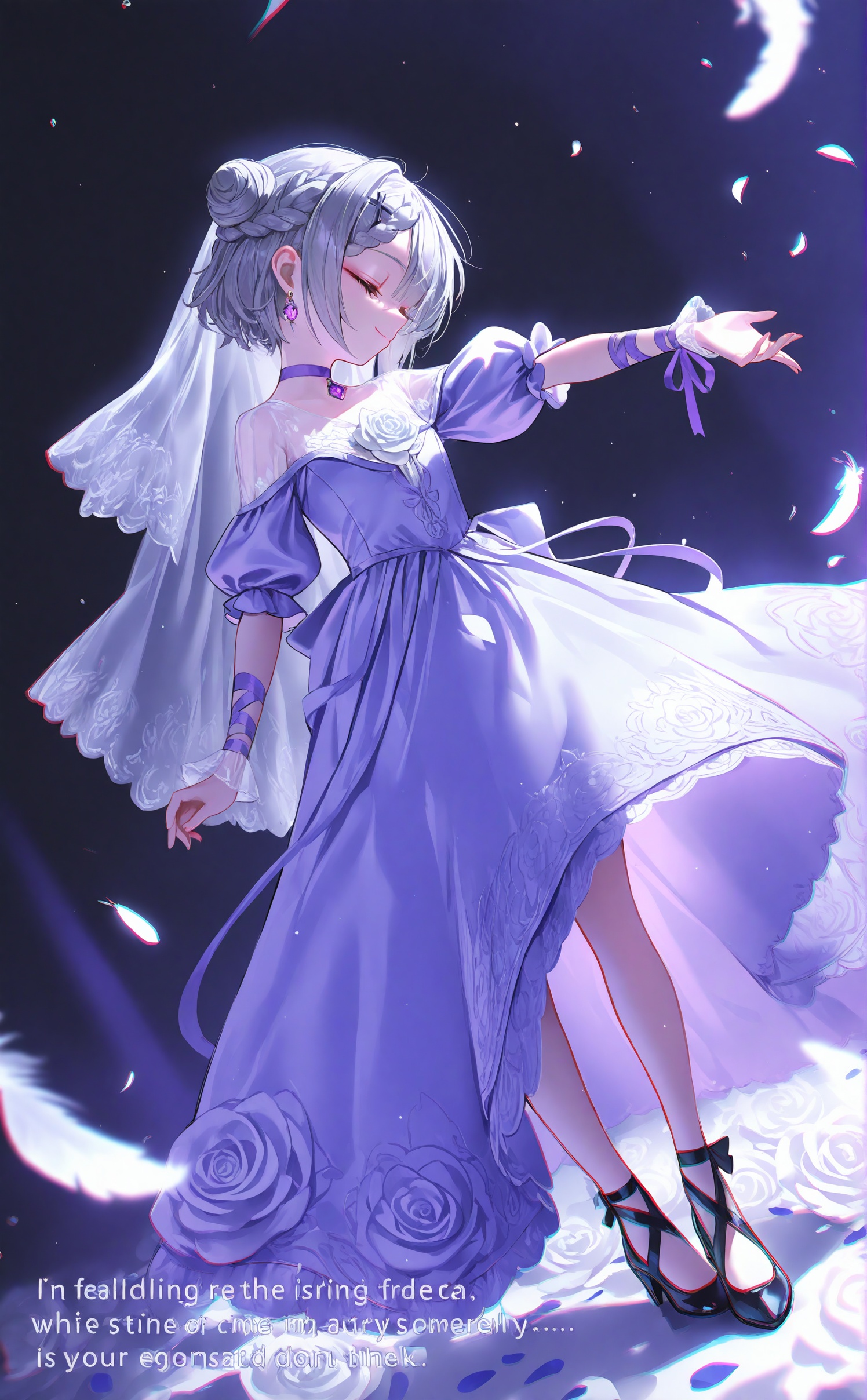 masterpiece,very aware,highres,absurdres,newest,best quality,loli,petite,high quality,chromatic_aberration,cinematic_angle,dutch angle,//,1girl,solo,dress,flower,closed eyes,short hair,purple dress,purple theme,high heels,rose,short sleeves,veil,white flower,full body,white rose,choker,hair ornament,dancing,grey hair,ribbon,watermark,petals,closed mouth,wrist cuffs,chromatic aberration,outstretched arm,braid,frills,falling petals,black footwear,blue dress,jewelry,arm up,shadow,puffy sleeves,puffy short sleeves,english text,standing,purple choker,hair bun,smile,see-through,purple ribbon,purple gemstone,wrist ribbon,earrings,feathers,x hair ornament,off-shoulder dress,facing to the side,falling feathers,long dress,<lora:Komachan:0.9>,