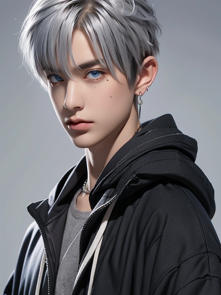 CG,solo,hood,looking at viewer,blue eyes,male focus,jacket,drawstring,earrings,1boy,jewelry,grey background,upper body,mole,hoodie,hood down,open clothes,grey hair,simple background,hair between eyes,realistic,closed mouth,open jacket,zipper,short hair,mole under eye,bangs,lips,