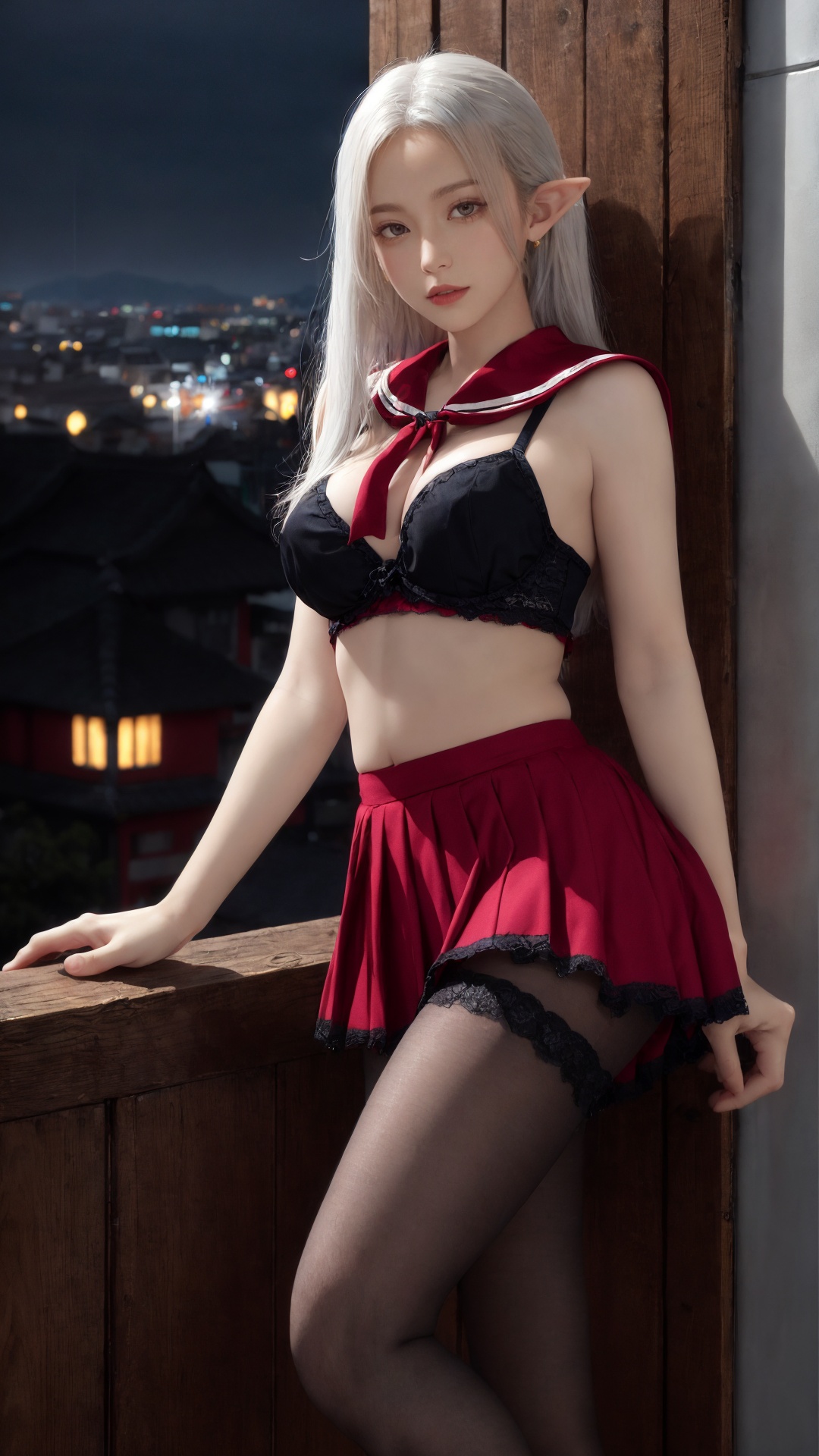 tutututu,red_skirt, school uniform, black_bra, underwear, lingerie, midriff, red_sailor_collar, high heels,(black pantyhose), masterpiece, best quality, 8k, (looking at viewer:1.1), gorgeous, hot, seductive, young chinese woman, (eye contact:1.1),  beautiful face, (detailed face:1.2), (excited:1.2) , hyper detailed, best quality, ultra high res, white hair, elven house interior, photorealistic, high resolution, detailed, raw photo, 1girl,gold details, night time, city lights, rain, <lora:tutuZFV5_00004:0.8> 