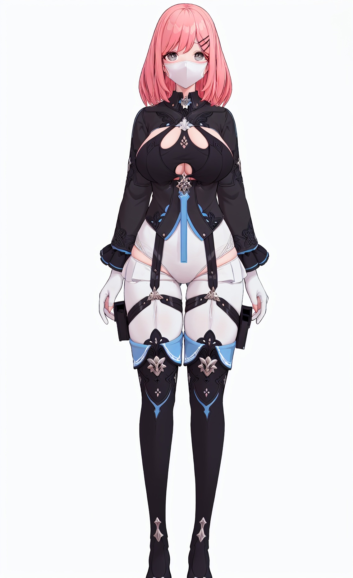 8k, best quality, masterpiece, (ultra-detailed), (high detailed skin), (white background:1.5), (full body), (white background), standing, looking at viewer, (solo), <lora:Timido-v100:0.8>, Timido, def clothes, 1girl, single glove, thigh boots, pink hair, mouth mask, black footwear, thighhighs, boots, breasts, (beautiful_face), ((intricate_detail)), clear face, ((finely_detailed)), fine_fabric_emphasis, ((glossy)), full_shot, 