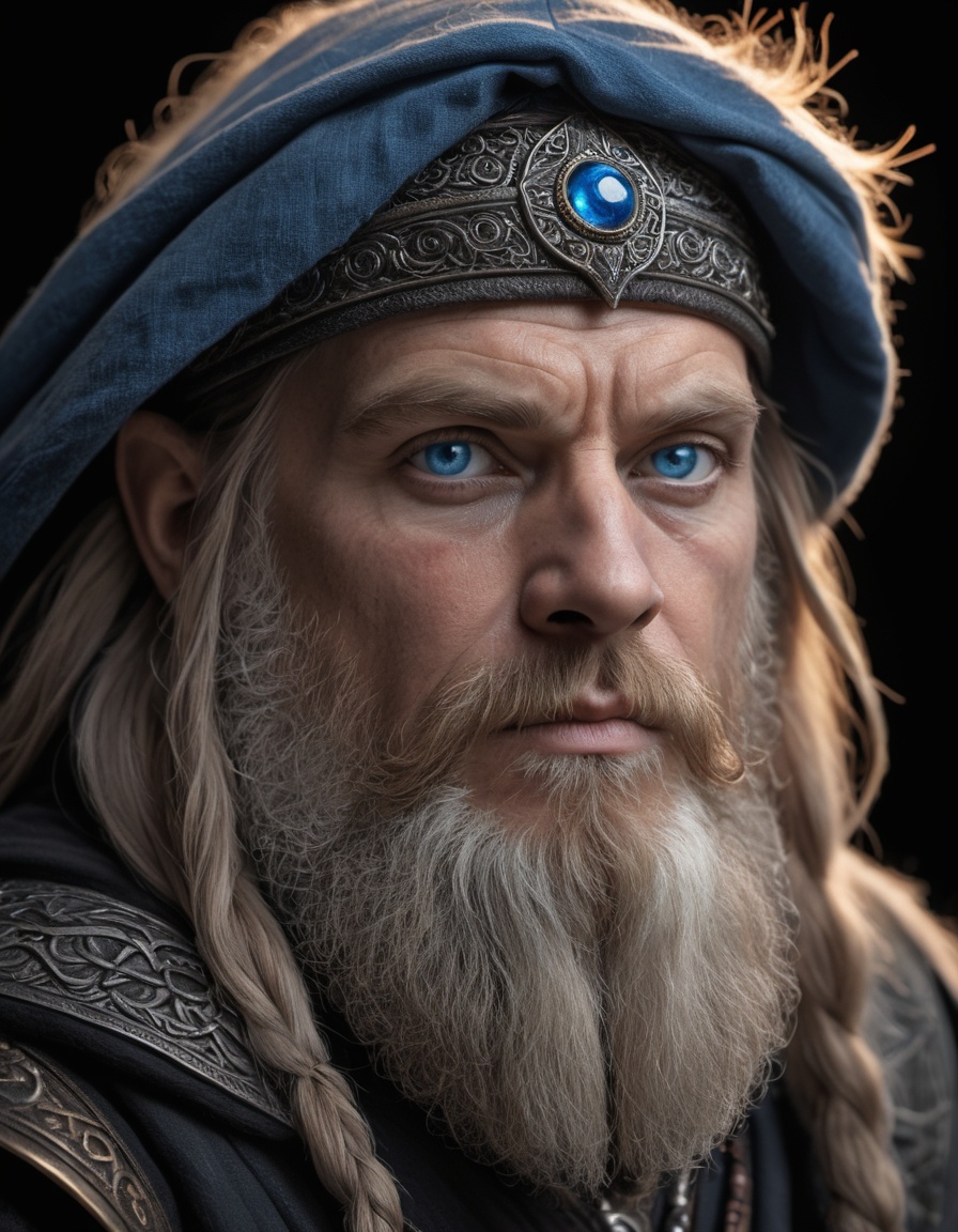 close-up portrait. Intricately detailed,  the portrait will capture his piercing blue eyes,  symbolizing wisdom and insigh...