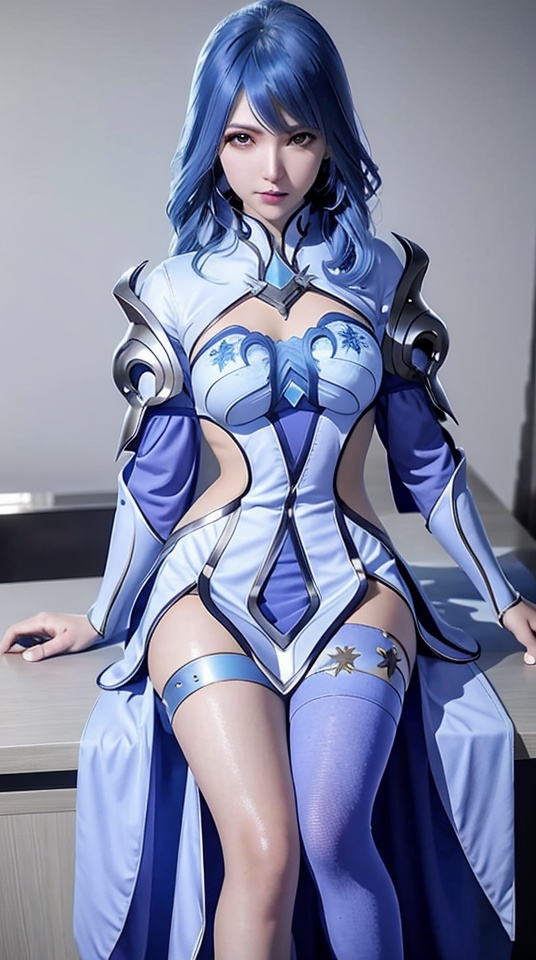 A girl,Blue hair,Long hair,Armor,Dress,glove,Single leg pantyhose,Looking at the viewer,sitting on desk,,<lora:3c9aa2007a6d2c219d5670bd3bfec026f015ce4094b4a4c19c044e3e45826afa:0.7>