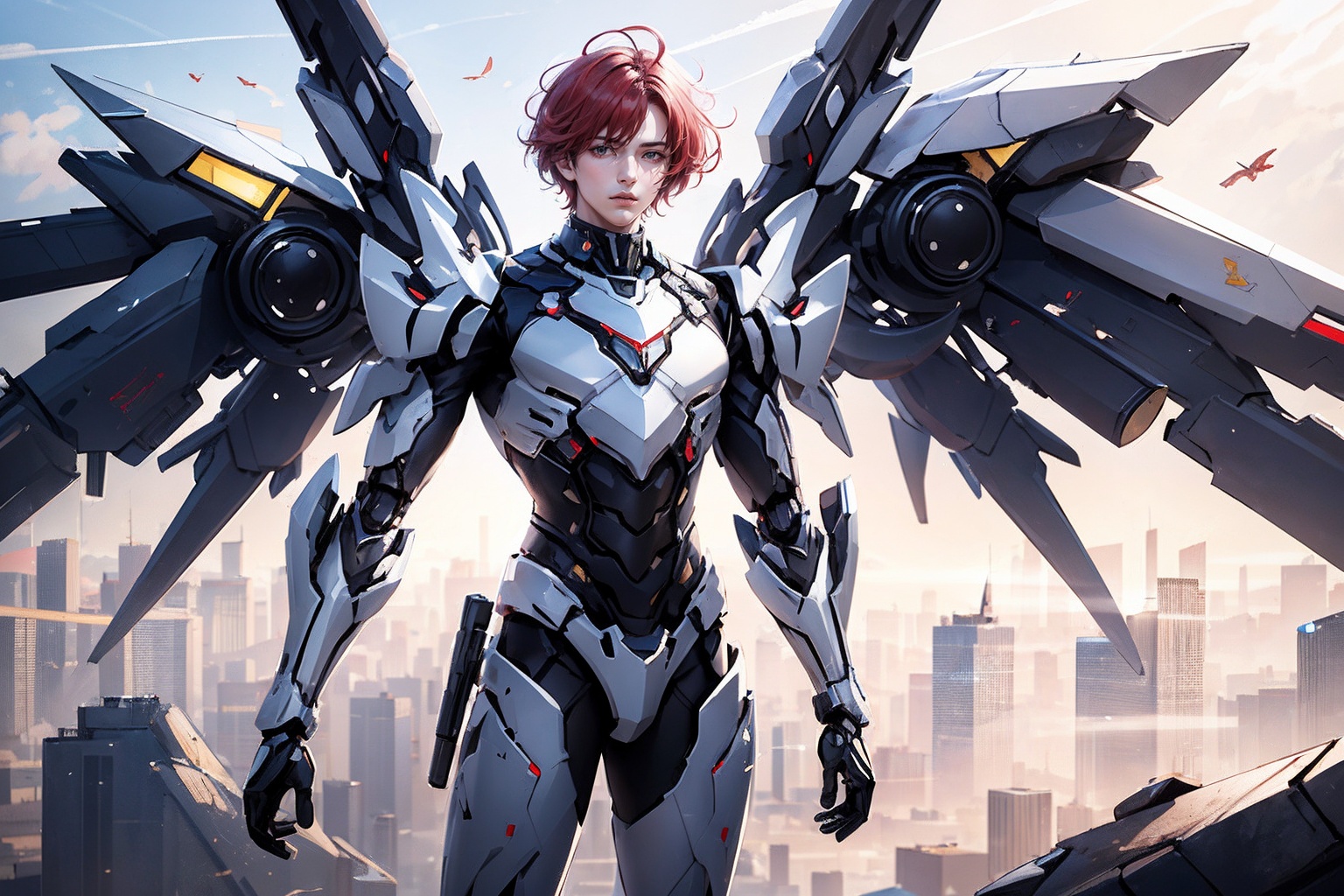 1boy,concept artwork,red hair,(a lonely solo boy:1.4),sky,wing,sitting on the ground,wings with fans,graphics card fan,strong male mecha warrior,mighty and domineering,cool mecha,32k,blue and white color scheme,white armor,<lora:atai_20240121203524-000008:0.7>,white_background,standing,cowboy_shot,