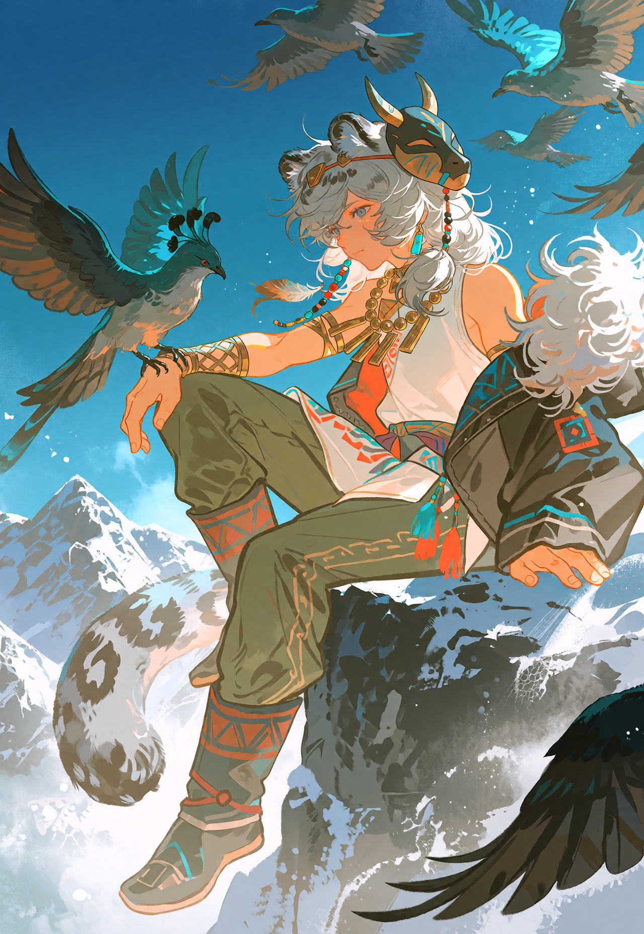 Breath-taking,  high-altitude fantasy illustration glowing with crisp mountain daylight,  rendered in a luminous palette o...