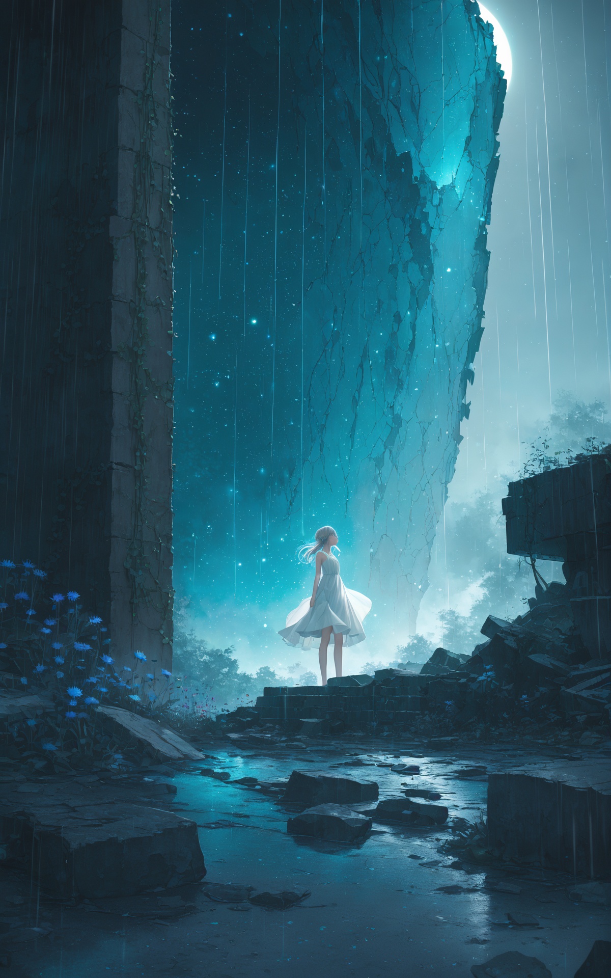 (masterpiece),(best quality),illustration,ultra detailed,hdr,Depth of field,(colorful),In the dark of the late night,under a light rain,a solitary figure stands amidst the ruins of a forest. Cornflowers dot the damp ground,while vines creep around broken walls. The picture is blurred,with a lens flare effect adding to the surreal atmosphere. The scene is illuminated with HDR lighting,enhancing its mystique. The surroundings are wet and damp,with broken glass scattered around. The aqua theme is apparent in the color scheme. The figure,a girl with white hair,stands with bare shoulders,wearing a white dress and a white robe. She blinks with closed eyes,her expression serene as she looks up at the sky. Constellations adorn the flat-colored sky above. The girl's hair is styled in a braid,and she stands alone,embodying a sense of calm amidst the surreal setting.,