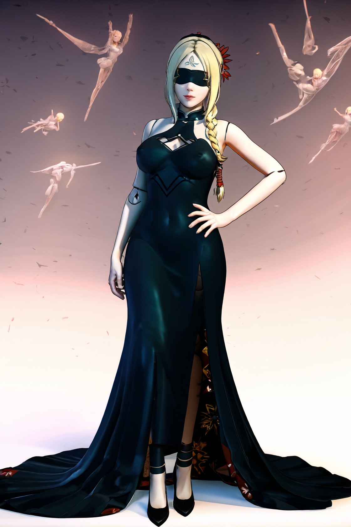8k, best quality, masterpiece, (ultra-detailed:1.1), (high detailed skin), kamimiya, nakamura_rohane, <lora:qianren-artiwaifu-Tanger:0.6>, qianren, 1girl, blindfold, blonde hair, joints, black shoes, black dress, long dress,<lora:jijiav2-a3-Tanger-000005:0.8>, jijia, 3d, CG, fallen doll \(video game\), 1girl, solo, breasts, dress, hand on hip, braid, large breasts, black background, lips, skin tight, simple background, covered navel, looking at viewer, hair over shoulder, single braid, realistic, covered nipples, <lora:chenkin_nai3_style:0.8>, 