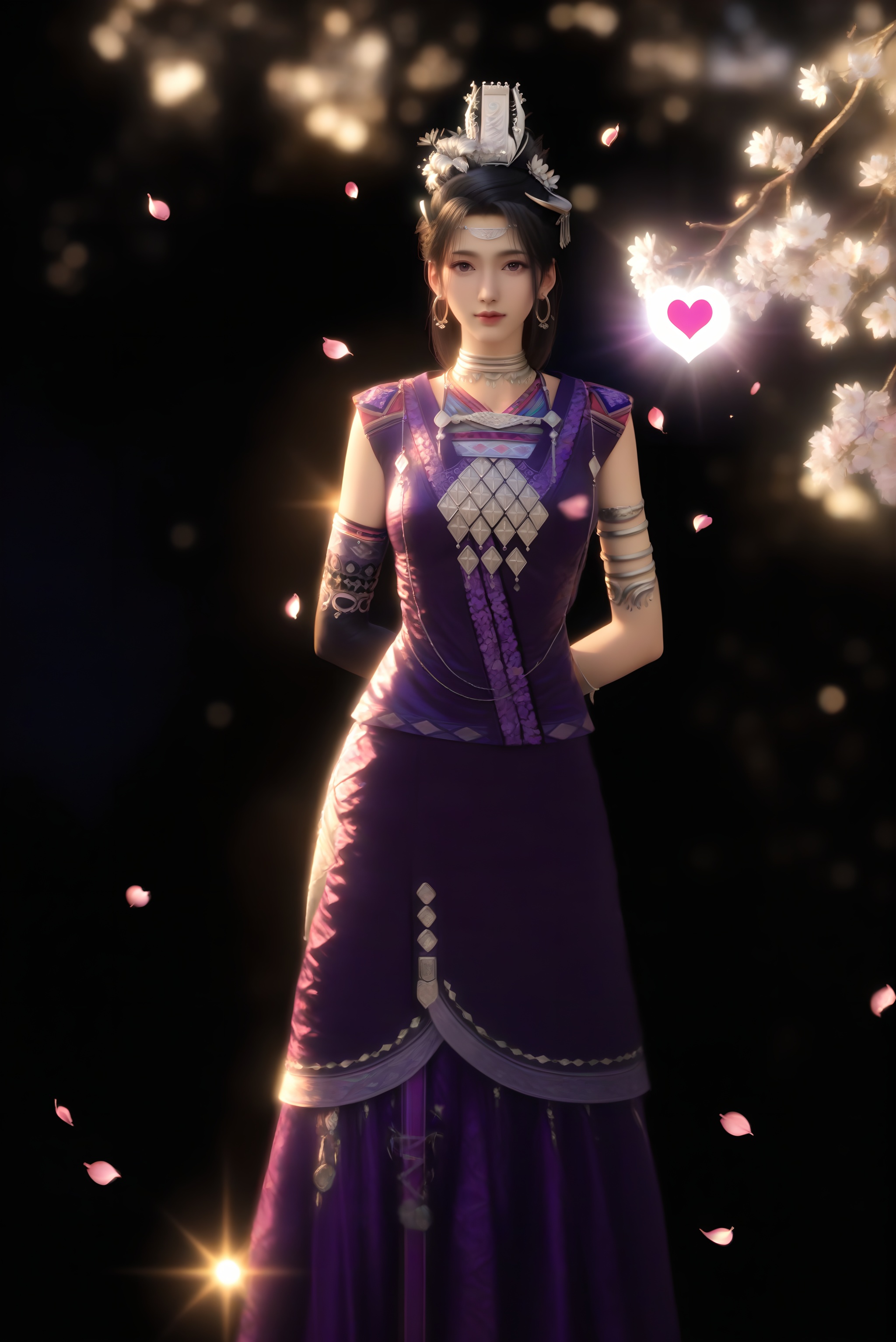 (score_9),(glamor:1.1),narrow waist,<lora:紫萱-pony-000008:0.85>,1girl,solo,long hair,black hair,hair ornament,jewelry,hoop earrings,circle,hair flower,tiara,zixuan,choker,silver choker,necklace,purple dress,elbow gloves,armlet,bracelet,single elbow gloves,collarbone,heart,spoken heart,(arms behind back),looking at viewer,(front view),full body,standing, BREAK<lora:皮肤凹痕:1>,(white_skin:1.1),(fair_skin:1.1),realistic,twig,branch,falling petals,simple background,black background,rim light,Volumetric Lighting,lens flare,Tyndall effect,depth of field,bokeh,sparkle,<lora:e色温:-0.6>,<lora:SDS-XL泛光调节器_v1.0:1.2>,