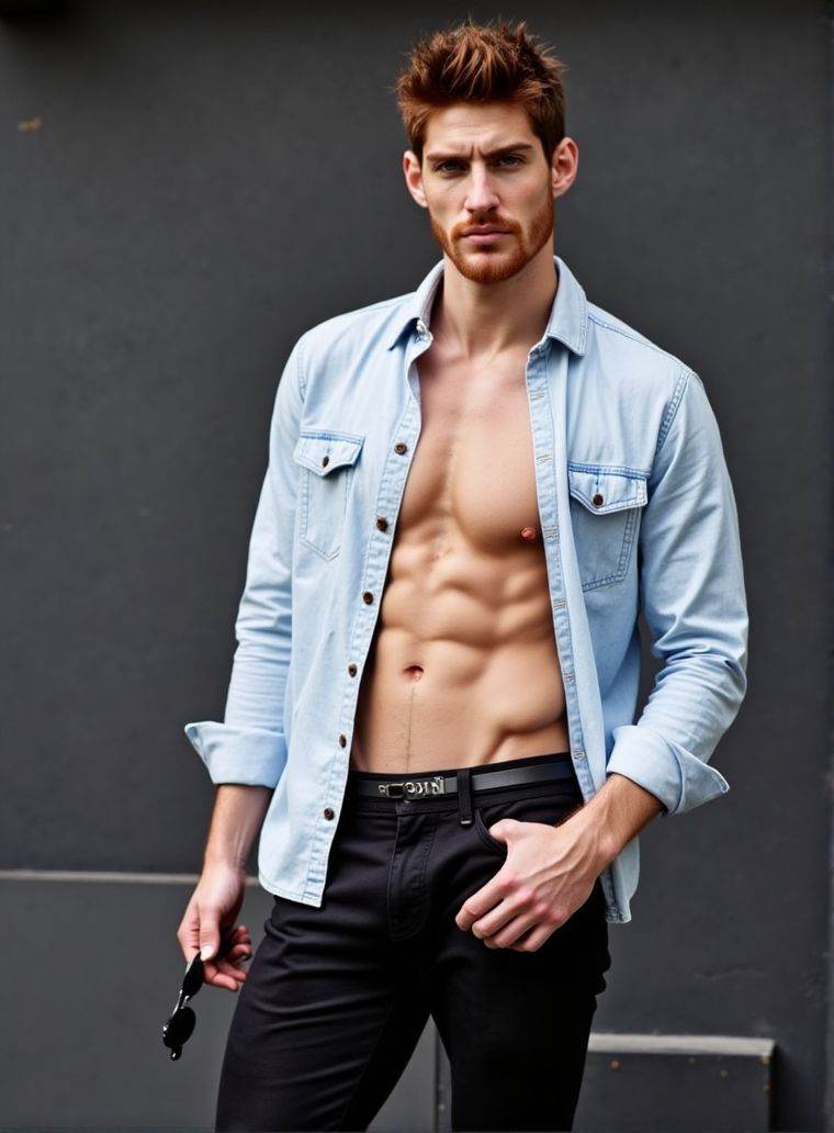 Ken Bek ,  stands confidently in front of a dark gray wall. He wears a light denim shirt,  unbuttoned at the top on Tensor...