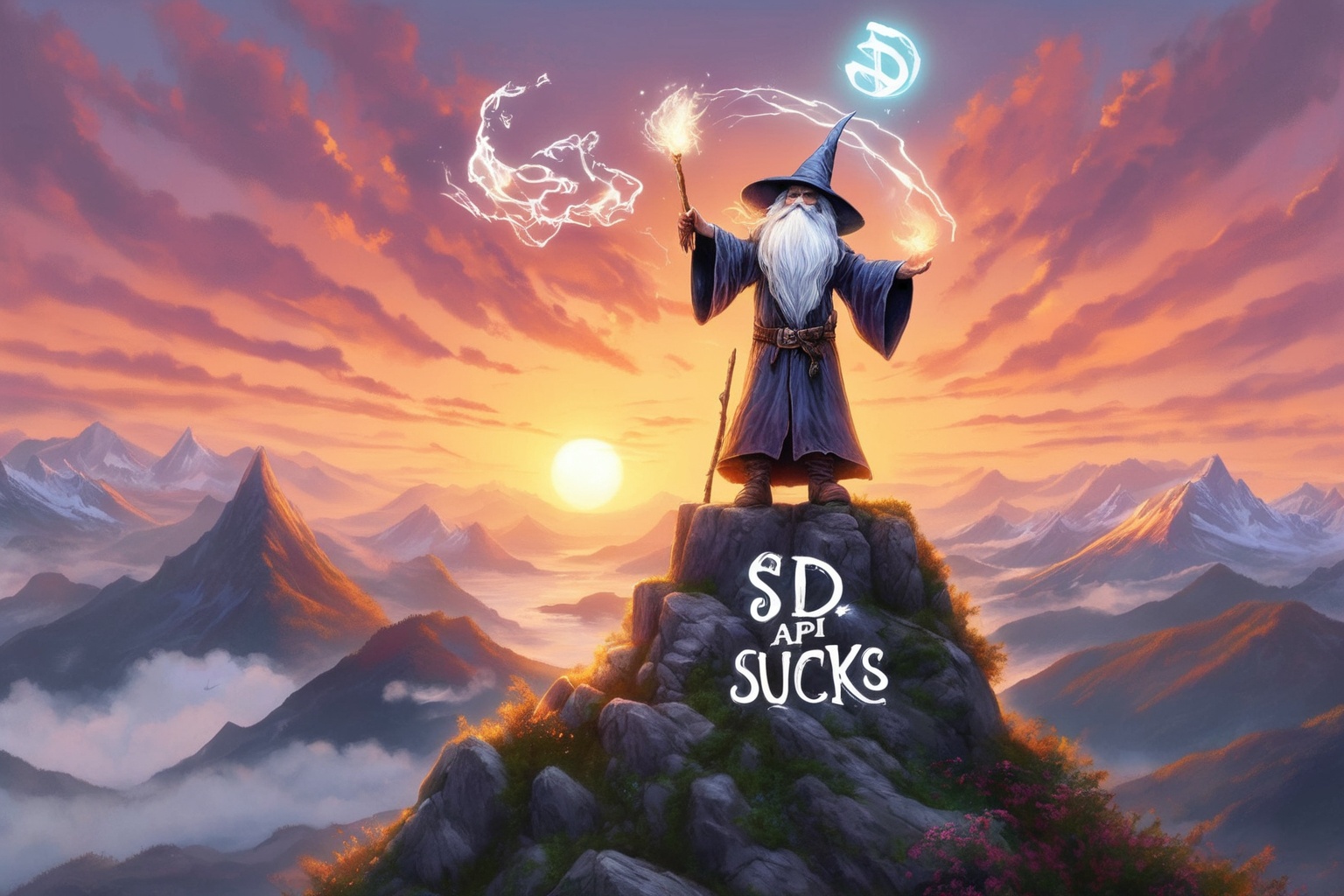 Awesome artwork of a wizard on the top of a mountain at sunrise,  with the magic text: "SD3 API. SUCKS" on Tensor.Art