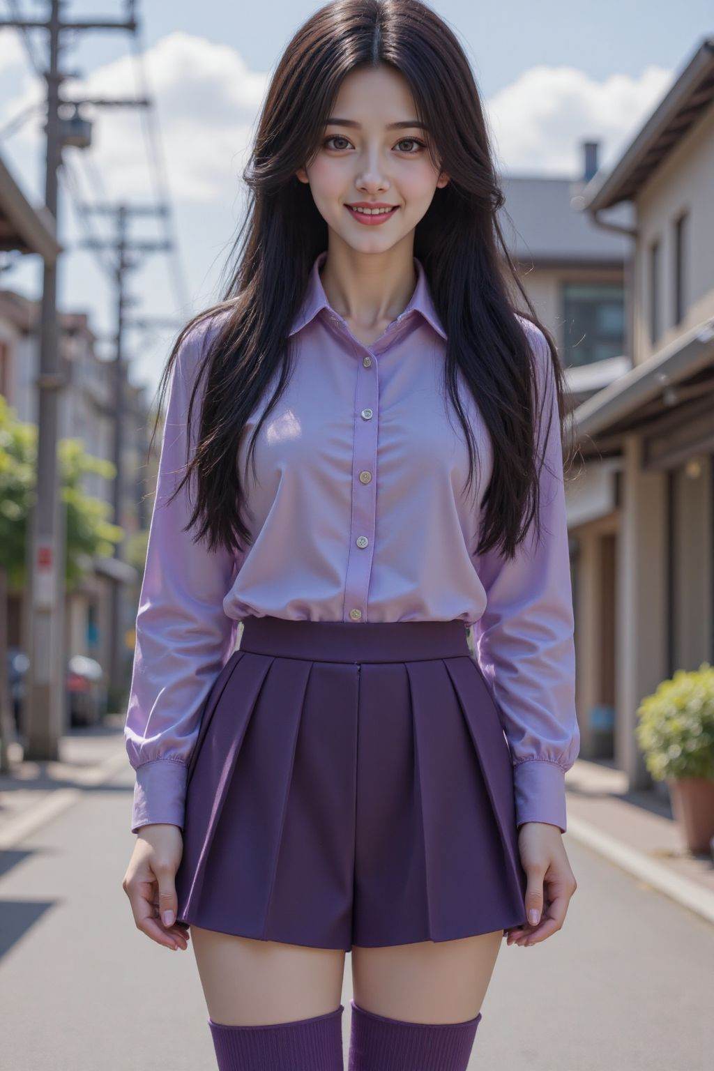 HDR photo of cinematic film still, 1girl, solo, long hair, looking at viewer, shirt, purple collared shirt, black hair, smile, purple eyes, outdoors, purple short pleated skirt, thigh-high purple socks, realistic, <lora:20251109C_TinFlux1CharactersFace10:0.8>