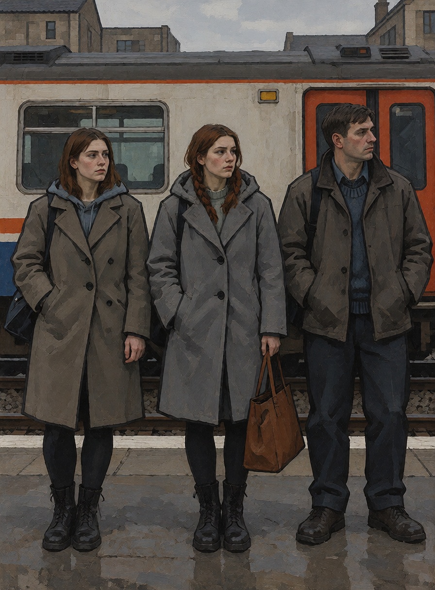 6Two young women and one man standing side by side on a suburban railway platform,  facing forward without interacting,  o...