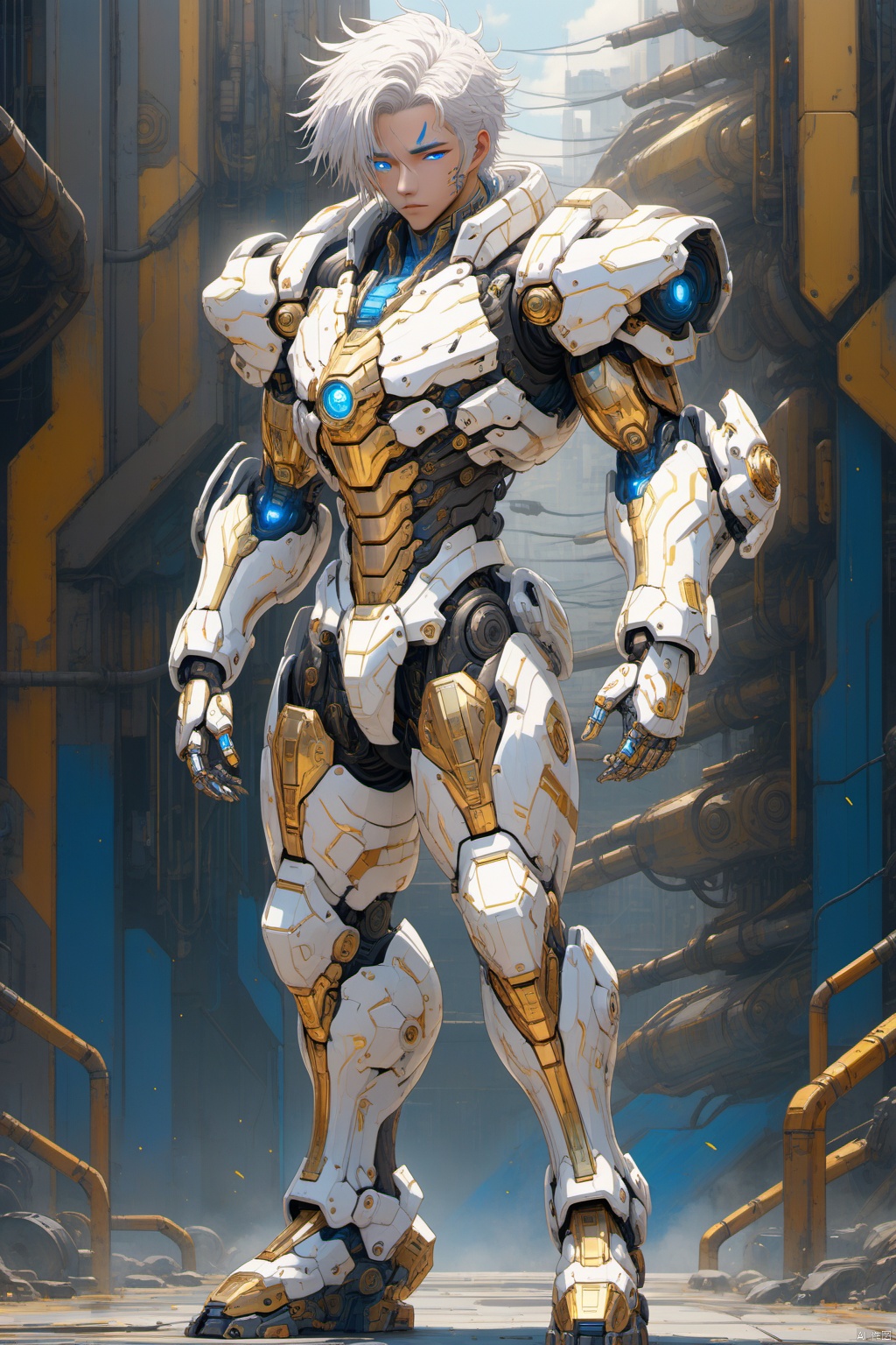 Pretty boy, sunny outgoing, white hair, future battle suit, gold plated, electroplated paint, steel mech, Cyberpunk with sci-fi background, 3D, anime style, blue stripes, full body<lora:EMS-263250-EMS:0.100000>, <lora:EMS-94469-EMS:0.800000>
