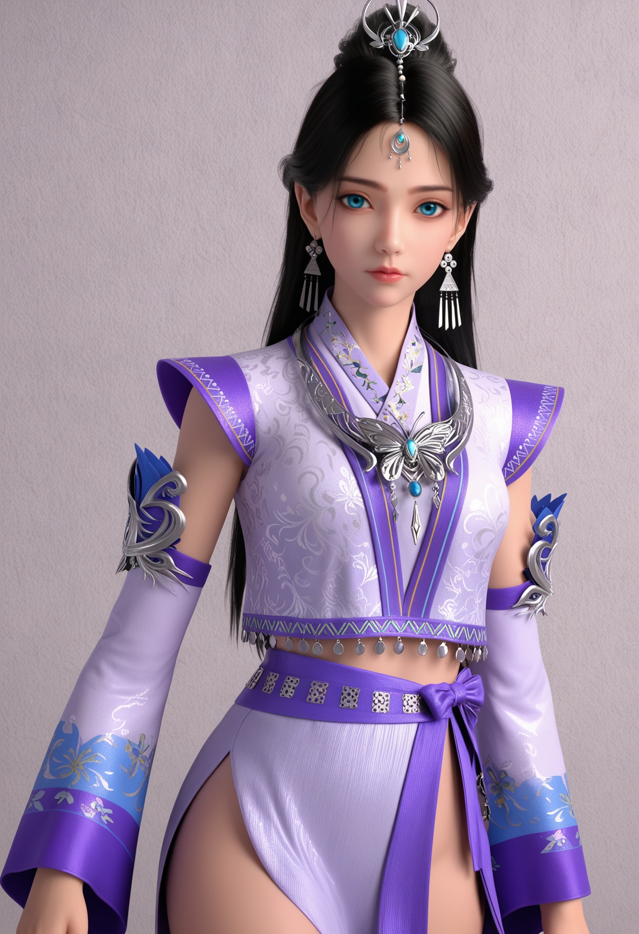 score_9,high detail,best quality,shiny skin,shiny,liuruyan,1girl,solo,blue eyes,long hair,black hair,jewelry,earrings,realistic,hair ornament,white background,closed mouth,dress,forehead jewel,detached sleeves,necklace,hair bun,lips,expressionless,simple background,looking at viewer,cowboy shot,thighs,<lora:QQSponyliuruyanV1:0.8>,<lora:Pony_DetailV2.0:0.8>,<lora:皮肤凹痕:0.1>,