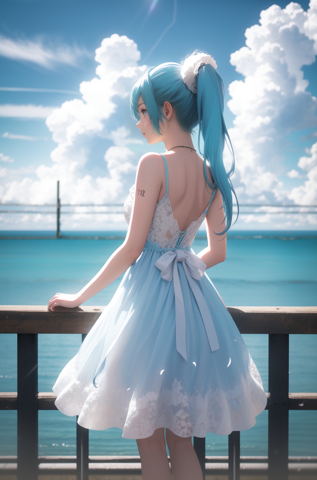 flat-pasto,blue theme,depth of field,blurry foreground,1girl,long hair,solo,twintails,blue eyes,greenish-blue hair,blue hair,white dress,gorgeous dress,hatsune miku,bare shoulders,bare legs,cloudy sky,sea,float petals,sunshine,cumulonimbus,background light,leaning on the parapet,standing,Hatsune Miku is leaning against the fence facing the sea,and this is the moment when she turns around magnificently.,aesthetic,best quality,cowboy shot,low angle,photorealistic,highres,4k,8k,RAW photo,