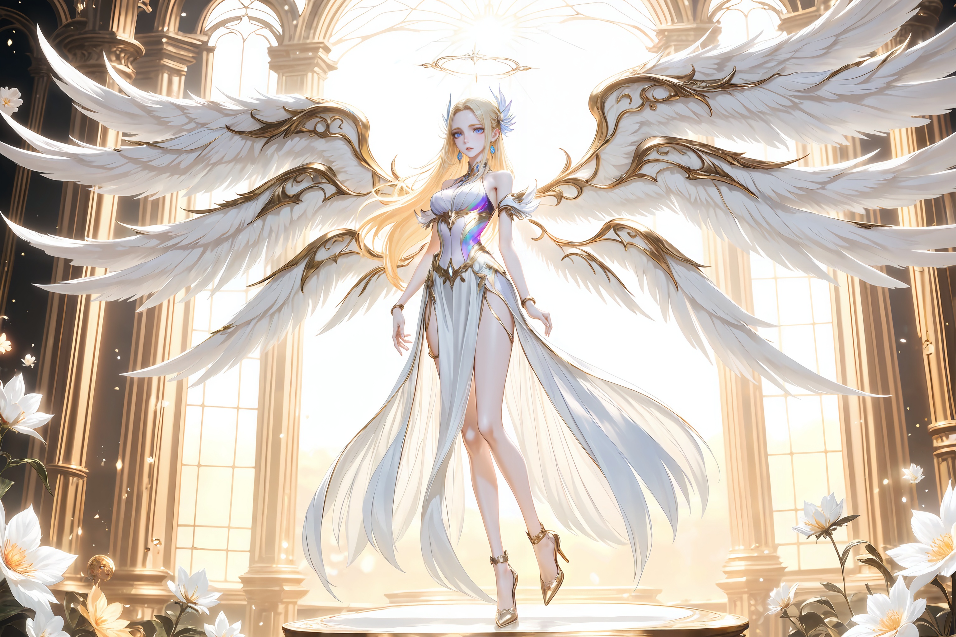 <lora:神装千仞雪-0.0894:0.8>,qianrenxue,1girl,wings,blonde hair,long hair,solo,breasts,dress,high heels,flower,angel wings,white dress,full body,blue eyes,pillar,looking at viewer,bare shoulders,jewelry,multiple wings,white wings,hair ornament,feathered wings,earrings,parted lips,10,close-up details,outstanding style,adding a touch of dimension to your images without compromising details,whirls of vapor,iridescent textures,(Anime:1.1),ethereal ambiance,delicate details,magical high-concept,32K UHD,sharp focus,best-quality,masterpiece,golden hour,unconventional supreme masterpiece,masterful details,temperate atmosphere,with a high-end texture,in the style of fashion photography,photography,cover,dynamic angle,dynamic posture,(artist:quasarcake:0.8),extreme aesthetic,(wlop:0.6),(honjou raita, lack, rella:0.5, wanke),masterpiece,best quality,good quality,very aesthetic,absurdres,visual impact,a shot with tension,ultra-high resolution,32K UHD,sharp focus,best-quality,masterpiece,emotionalization,unconventional supreme masterpiece,masterful details,temperate atmosphere,with a high-end texture,in the style of fashion photography,(visual impact:1.2),giving the poster a dynamic and visually striking appearance,impactful picture,official art,colorful,splash of color,movie perspective,masterpiece,best quality,amazing quality,very aesthetic,absurdres,best quality,newest,