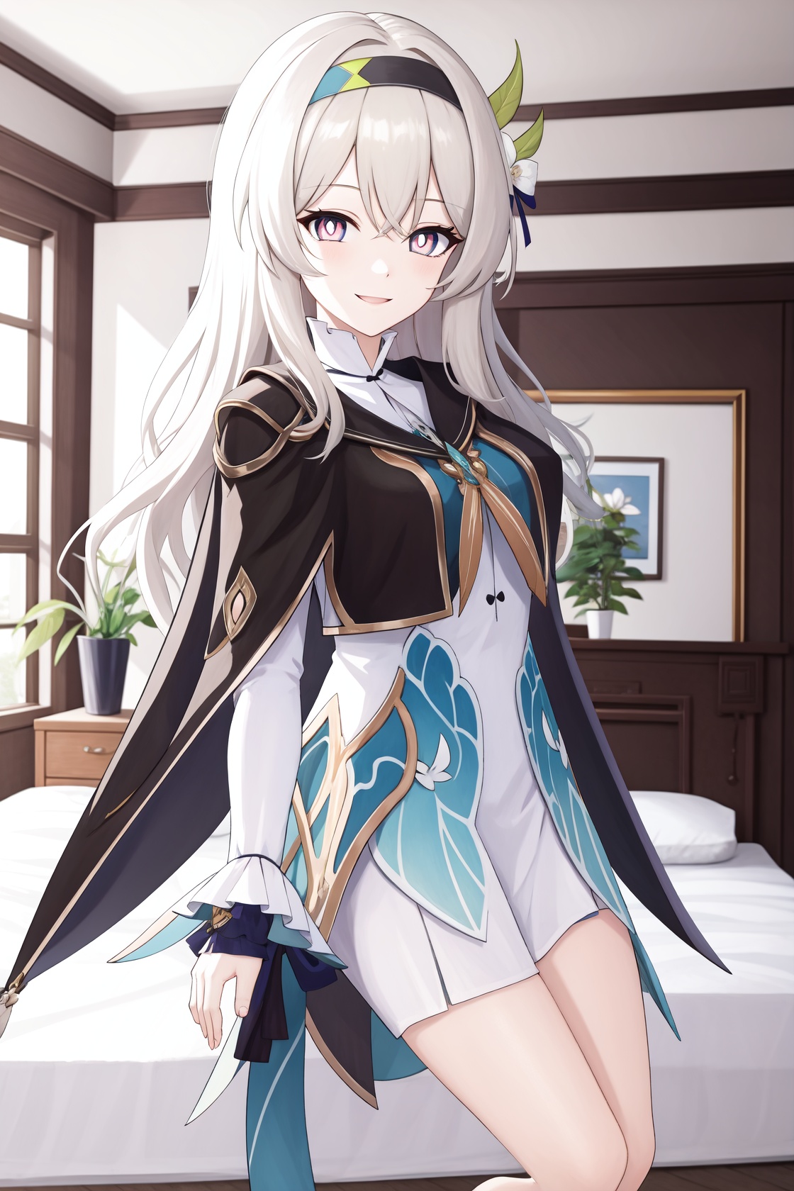 <lora:流萤10-000010:0.75>,liuying,bangs,long sleeves,hair ornament,black capelet,black hairband,high quality,green dress,bare legs,indoors,bedroom,indoors,detailed face,(purple eyes,blue eyes,pink eyes:0.05),blue bright pupils,smile,happy,arms behind back,dynamic pose,, 1girl,,  (masterpiece,best quality:1.2),absurdres