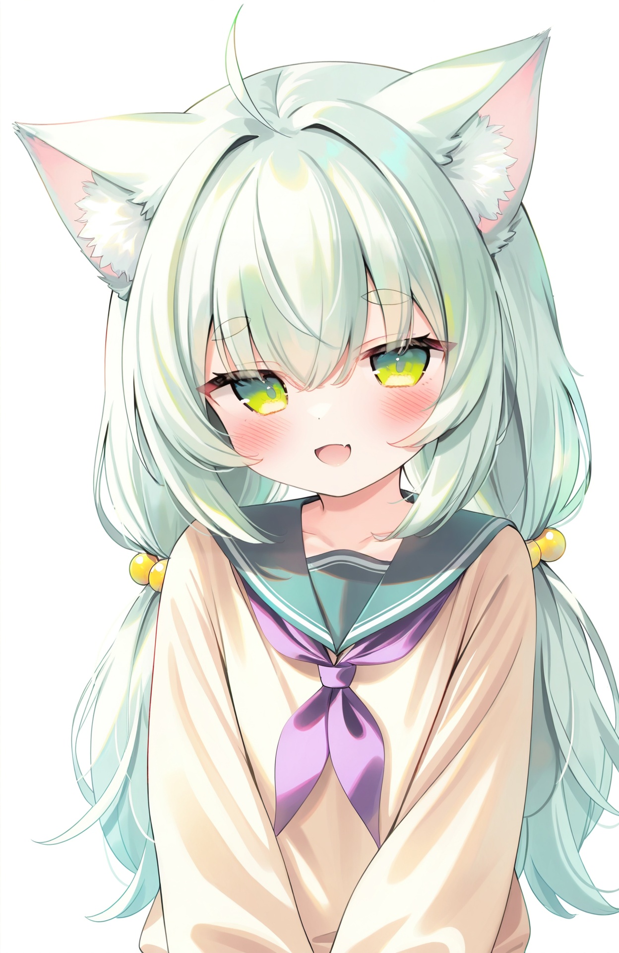 masterpiece,absurdres,best quality,petite,high quality,chromatic_aberration,//,1girl,:d,ahoge,animal_ear_fluff,animal_ears,blush,cat_ears,cat_girl,collarbone,dot_nose,double-parted_bangs,fang,green_eyes,green_hair,green_sailor_collar,green_shirt,hair_between_eyes,hair_bobbles,hair_intakes,hair_ornament,long_hair,long_sleeves,looking_at_viewer,neckerchief,open_mouth,purple_neckerchief,sailor_collar,shirt,sidelocks,simple_background,skin_fang,sleeves_past_wrists,smile,solo,thick_eyebrows,twintails,upper_body,white_background,commentary_request,highres<lora:鬼针草2——【CKXL】hans:0.9>,
