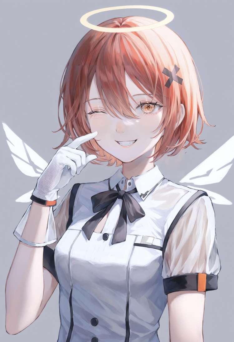 best quality, masterpiece,exusiai \(arknights\), 1girl, solo, red hair, halo, one eye closed, gloves, short hair, white gloves  tie, smile, looking at viewer, orange eyes, black bow, gradient, see-through, gradient background, black bowtie, shirt, upper body, white shirt, white jacket, wings, grin, short sleeves, energy wings, see-through sleeves, grey background, formal, simple background, hair between eyes, alternate costume, bangs, two-finger salute, collared shirt  <lora:poireXLlokr4f-000287:0.8>