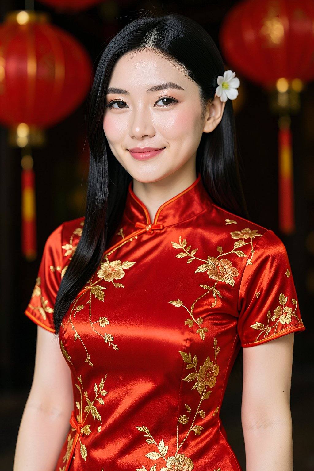 The image depicts a photograph of an Asian woman with fair skin and long,  straight black hair adorned with a small white...