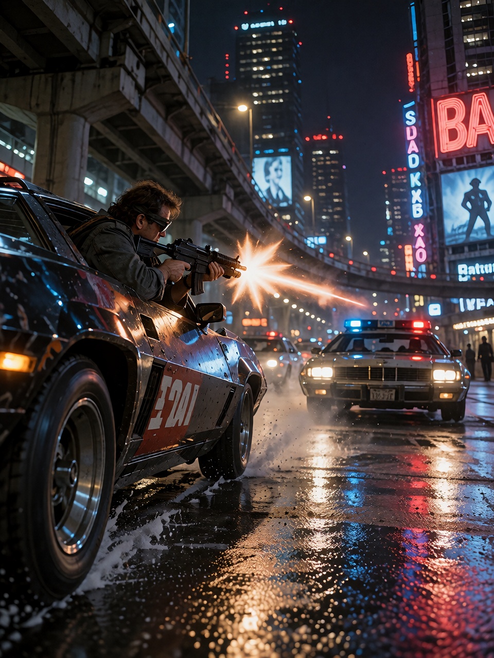 A high-speed firefight on an elevated megacity expressway at night,  ***** gunmen leaning out of black retro-futuristic ve...
