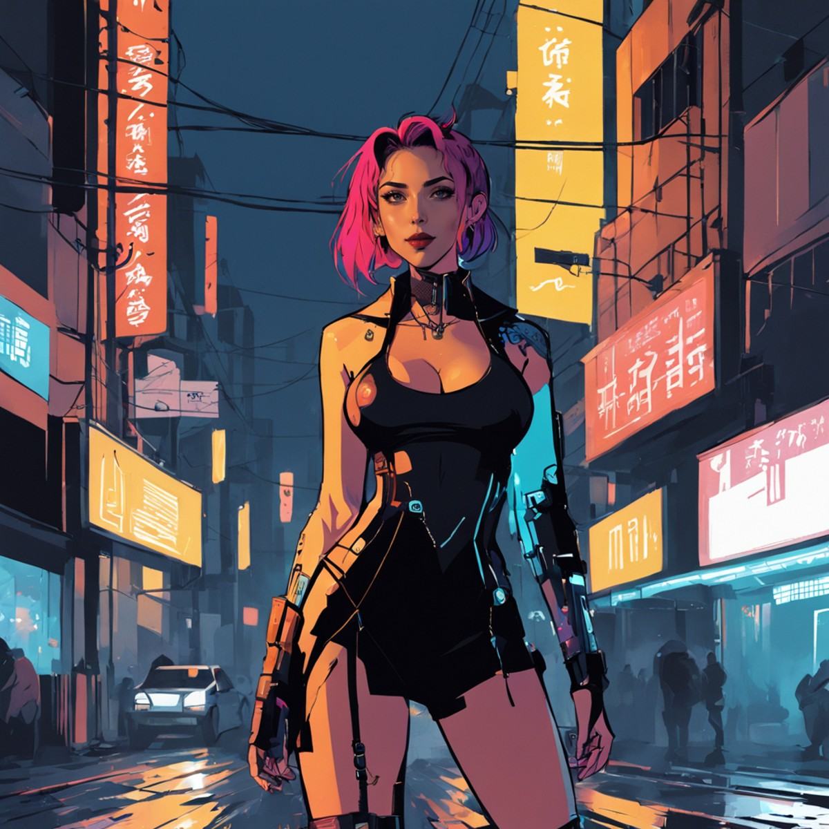1girl, cyberpunk street, beautiful, masterpiece, realistic, standing, (smile:0.7), (rain:1.2), street, lineart, flat colors,  <lora:lineartSDXL:1>