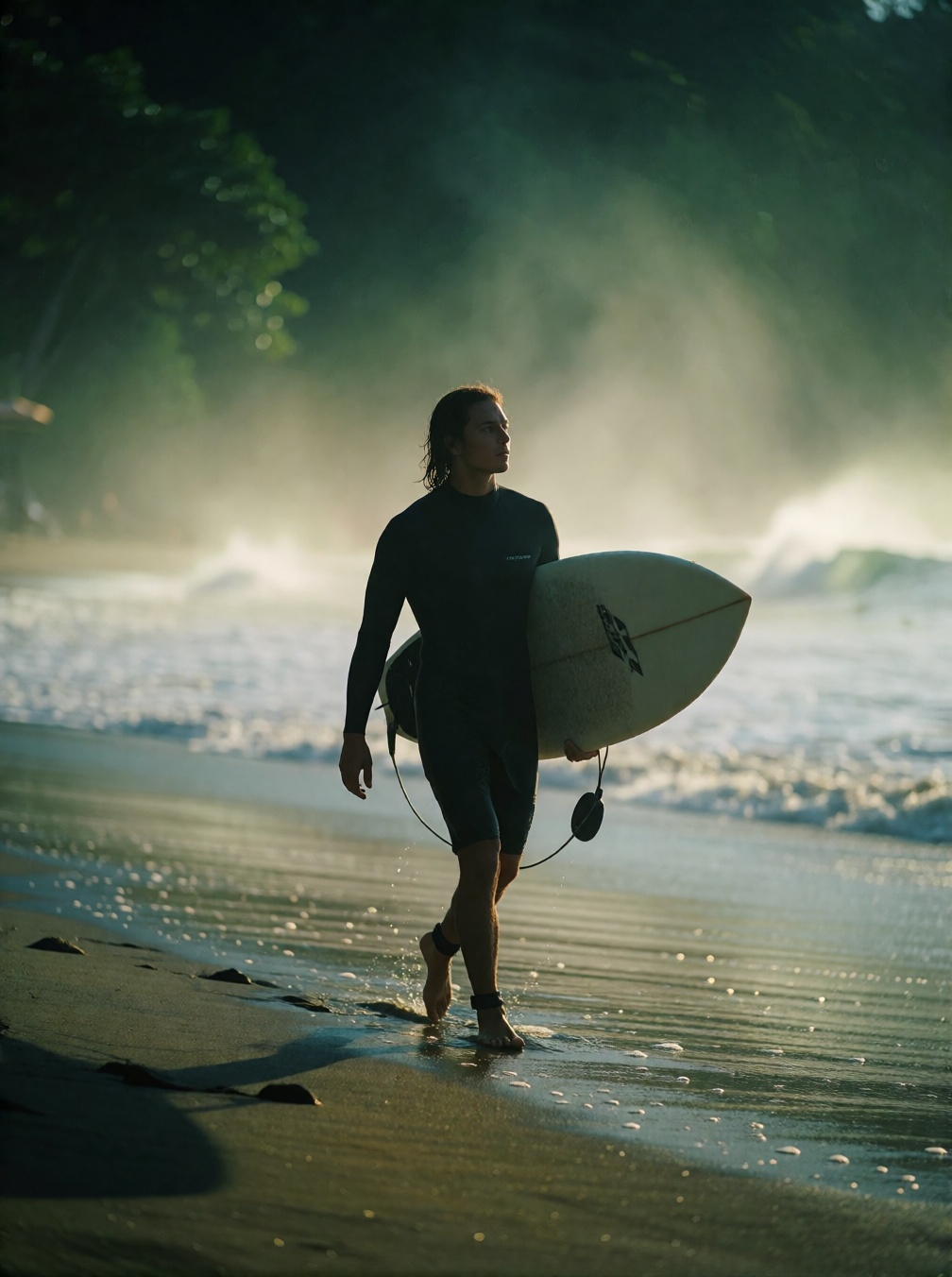 The image shows a lone surfer walking along a misty,  wet beach at dawn or dusk,  carrying a white surfboard under their a...