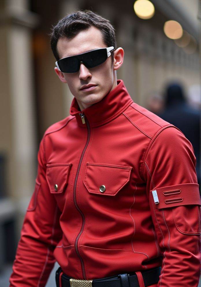 Callum Turner ,  Hi-res photo. He wears futuristic electronic glasses. He is wearing a light red,  close fitting flight su...