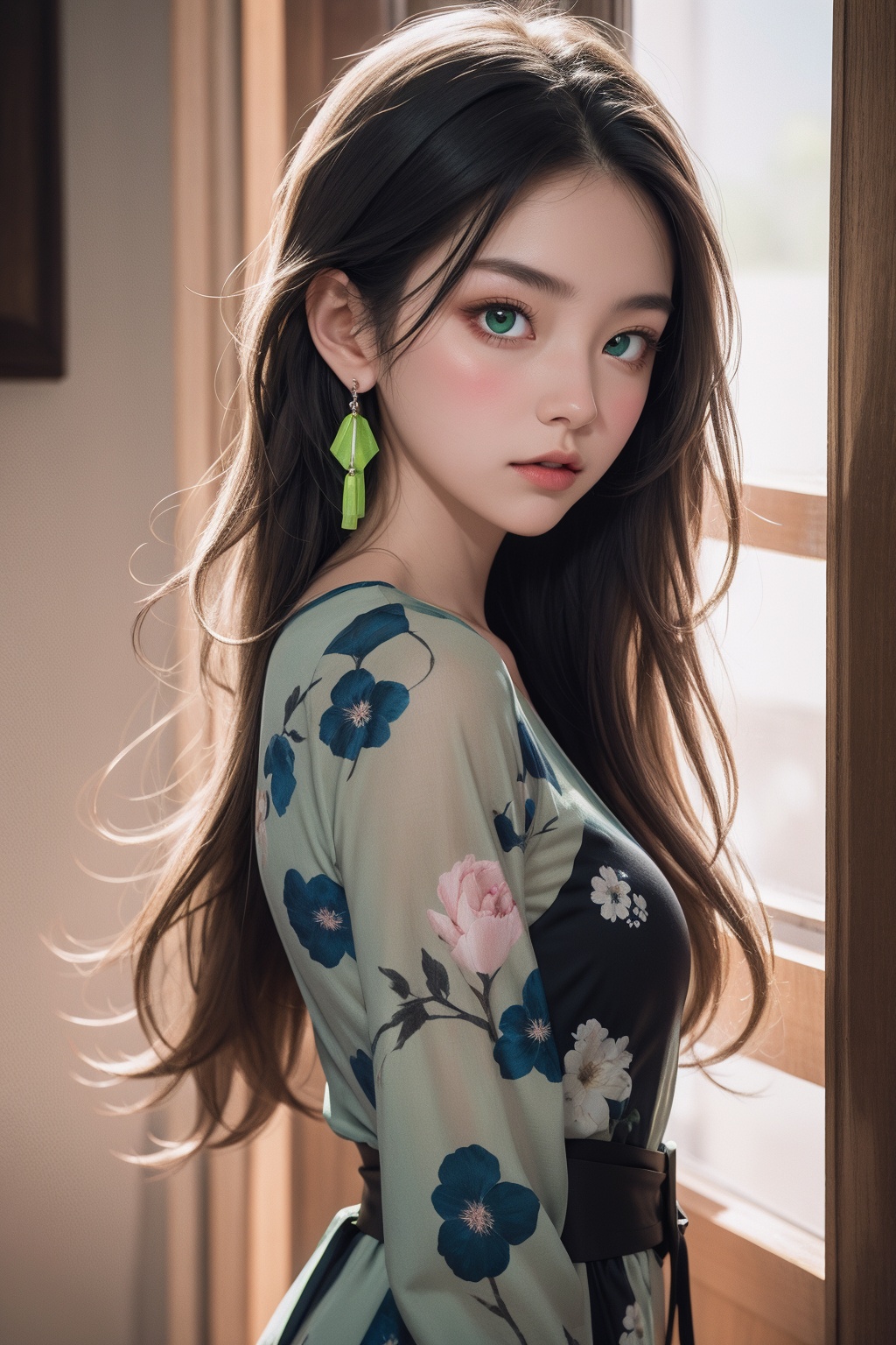 A beautiful girl with off-white long hair,  white luminous eyes,  green luminous earrings on Tensor.Art