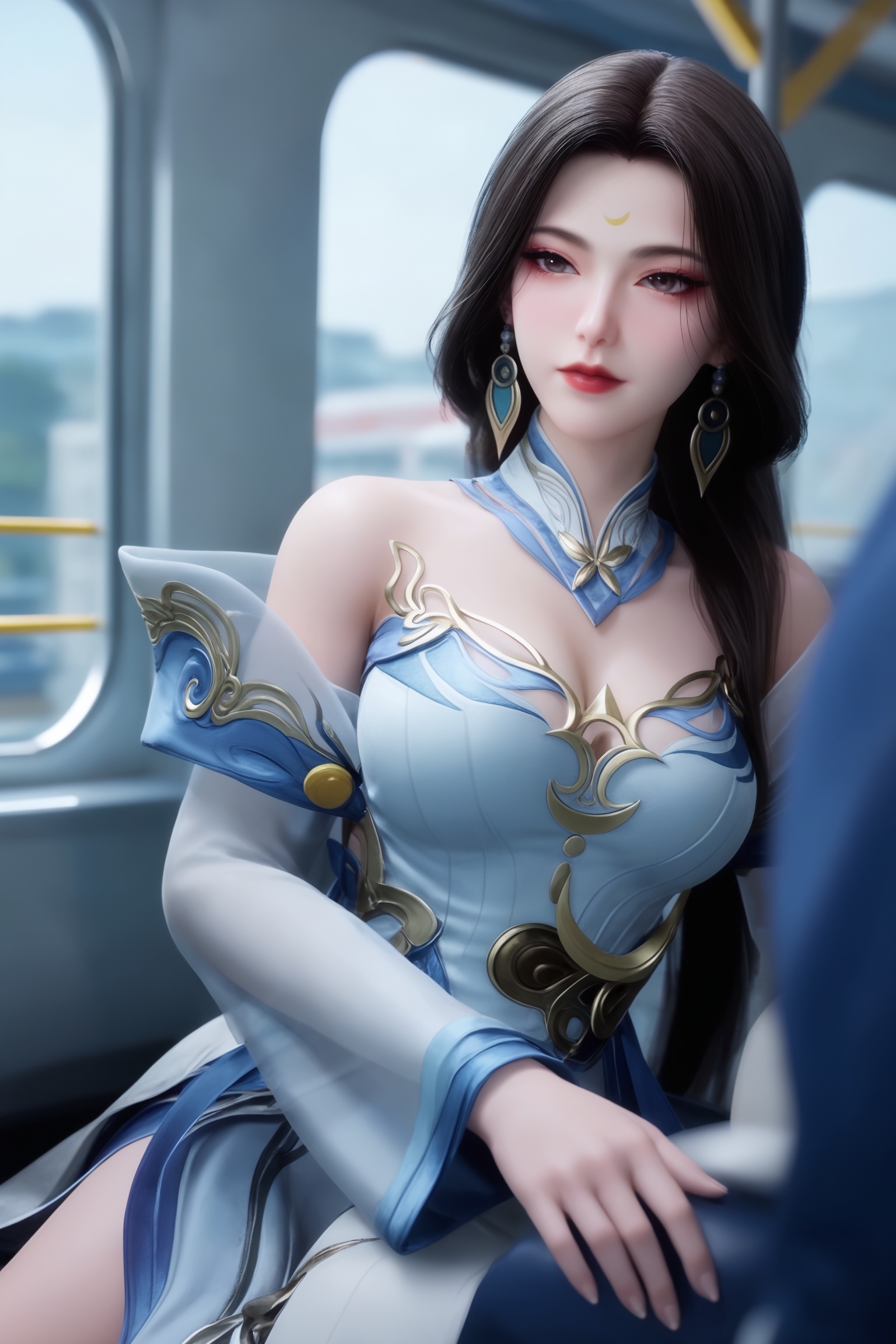 solo,1girl,fair_skin,white_skin,shiny_skin,Ivory_skin,solo focus,(perfect_face:1.2),(perfect_anatomy:1.1),(upper_body:1.2),(portrait:1.1),large breasts,sitting,(train_interior:1.1),(blurry_background:1.2),score_9,<lora:师兄-姮娥Pony:0.7>,long,dark hair,a pair of gold hairpins,an ornate dress in a light blue hue that is intricately designed with gold and silver accents.  long,flowing sleeves,high collar,